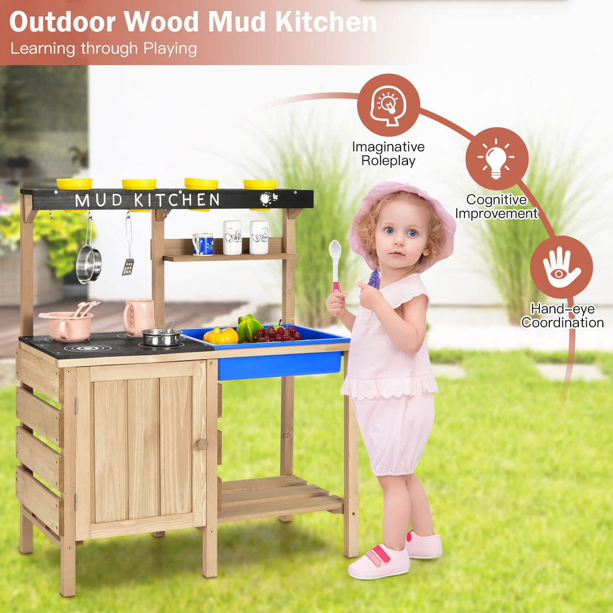 HONEY JOY Kids Kitchen Playset, Wooden Pretend Playset for Children w/Realistic Utensils