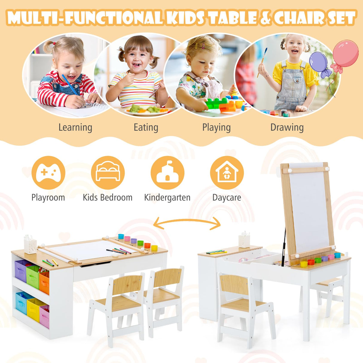 HONEY JOY Kids Table and Chairs Set, 2 in 1 Wooden Art Table & Easel Set for Children with 2 Chairs, 6 Storage Bins