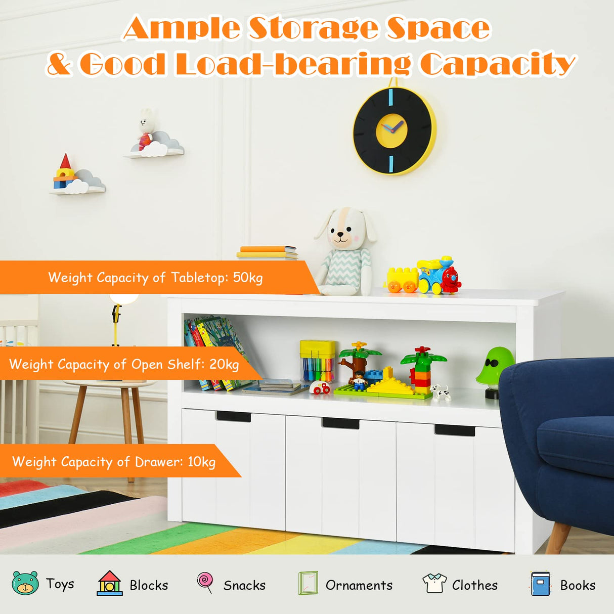 BABY JOY Kids Toy Storage Cabinet with 3 Removable Drawers, Rolling Wheels & Open Shelf