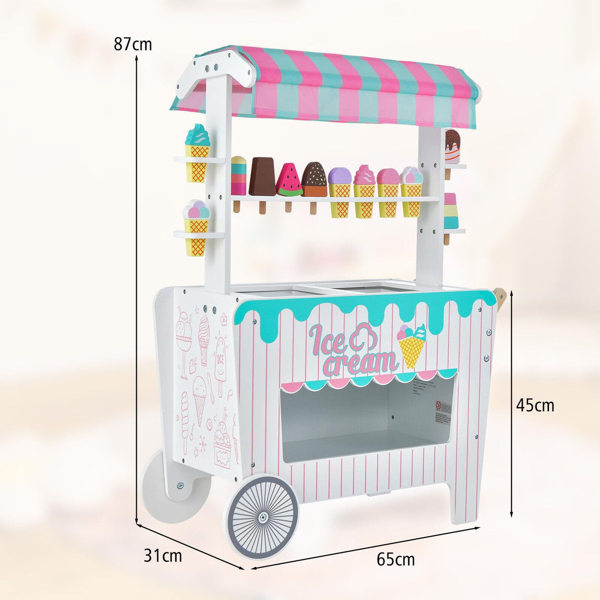 HONEY JOY Wooden Ice Cream Cart for Kids