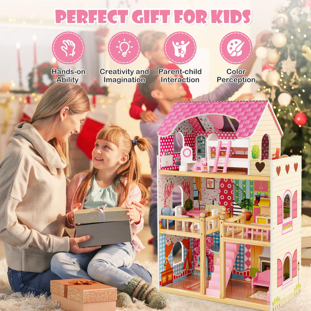 HONEY JOY Kids Wooden Dollhouse Playset w/15 Furniture Accessories