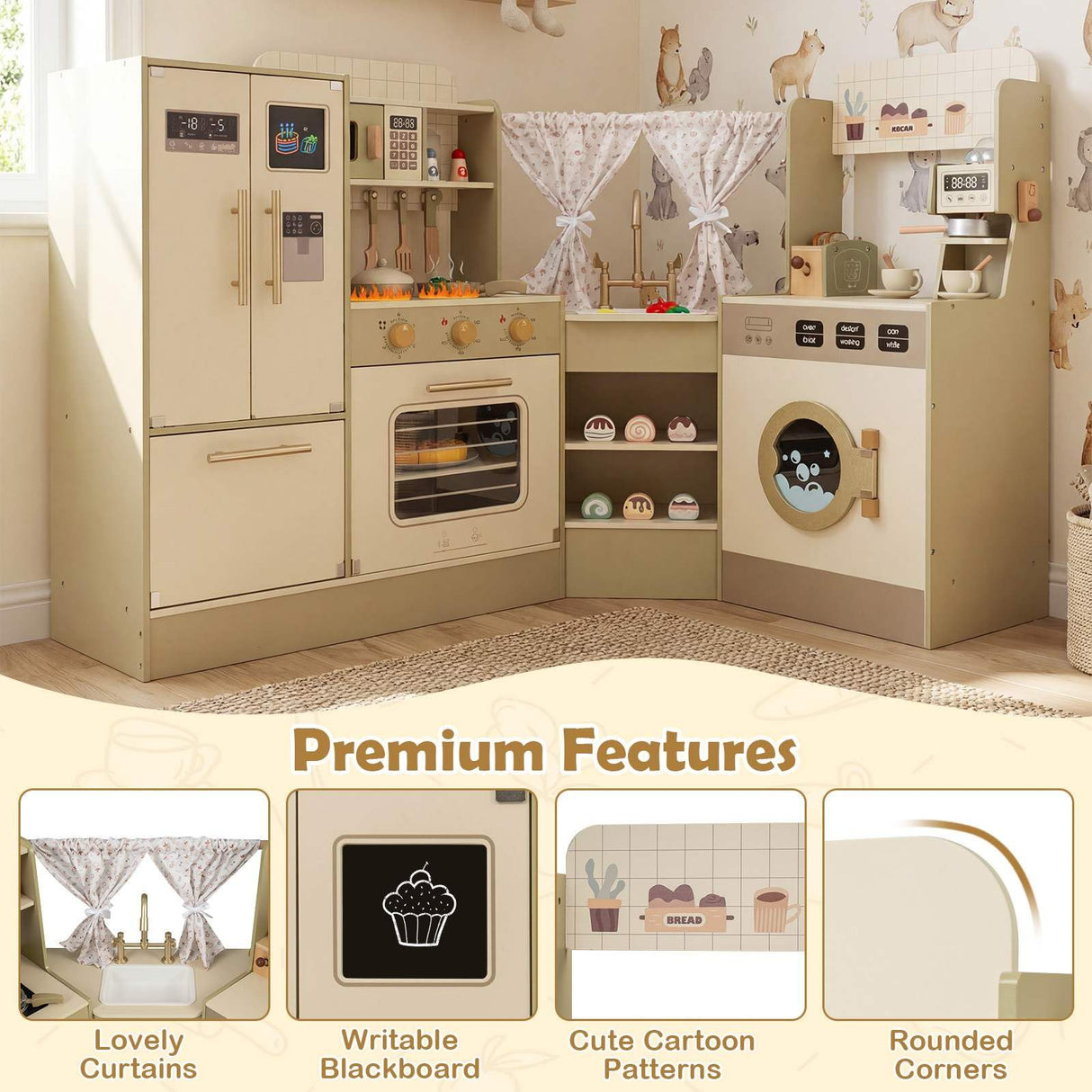 HONEY JOY Kids Corner Play Kitchen, Pretend Play Kitchen Playset