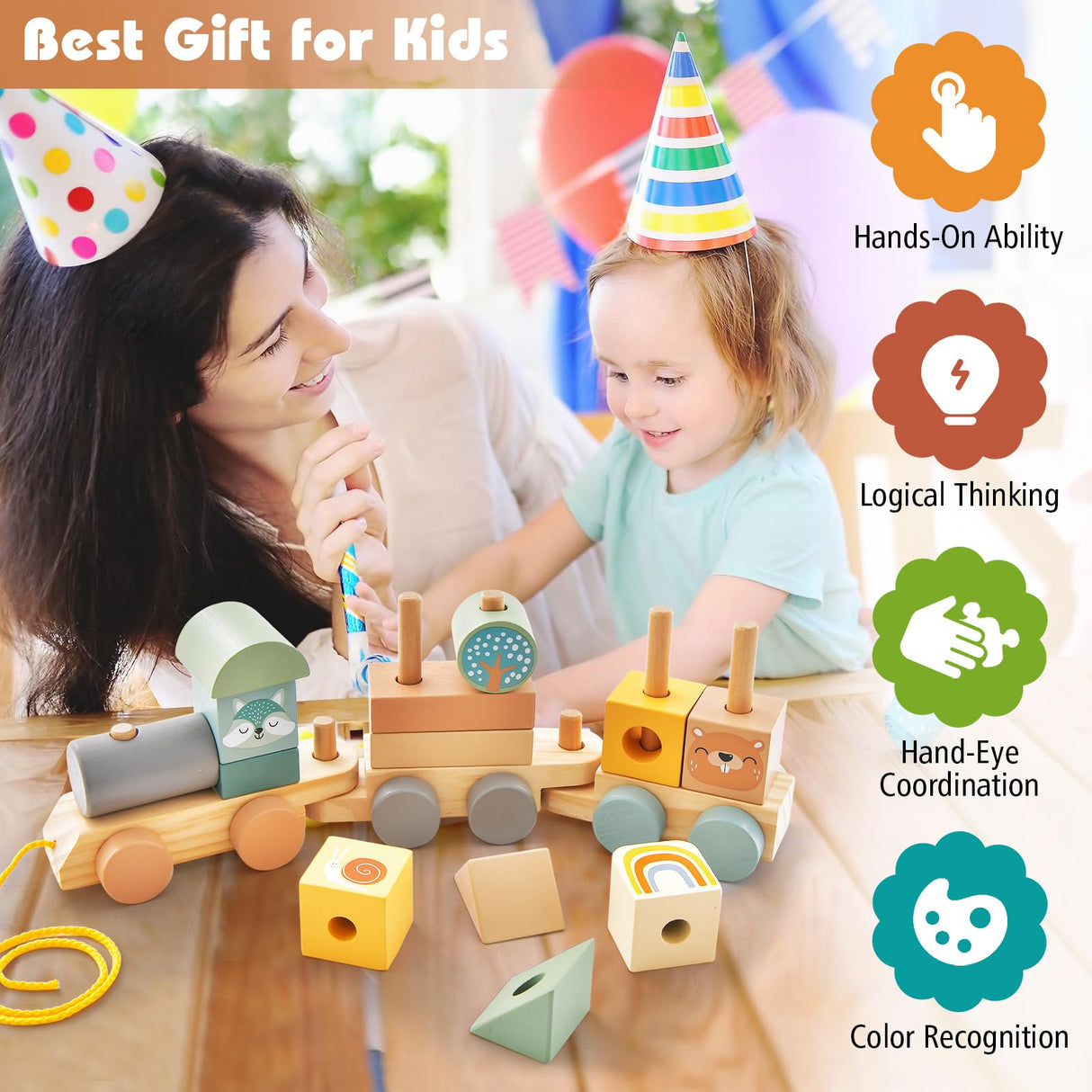 HONEY JOY Kids Toy Train Set, Children Wooden Train Set