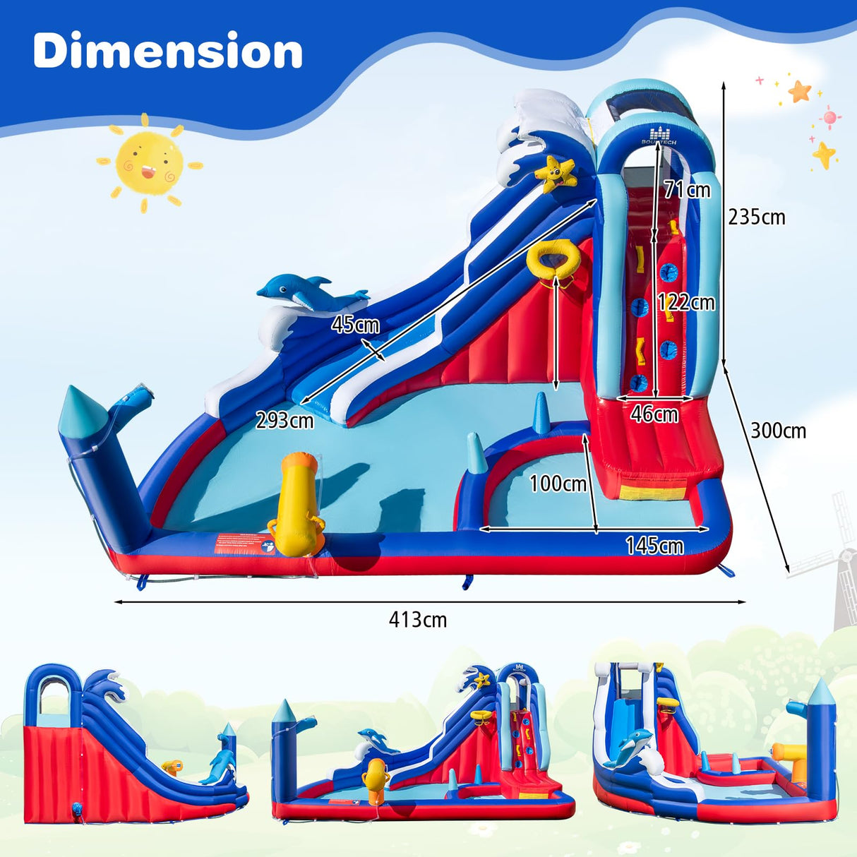 HONEY JOY Inflatable Water Slide, Dolphin Theme Kids Bounce House Water Park w/Long Slide, 2 Splash Pools with 680W Blower