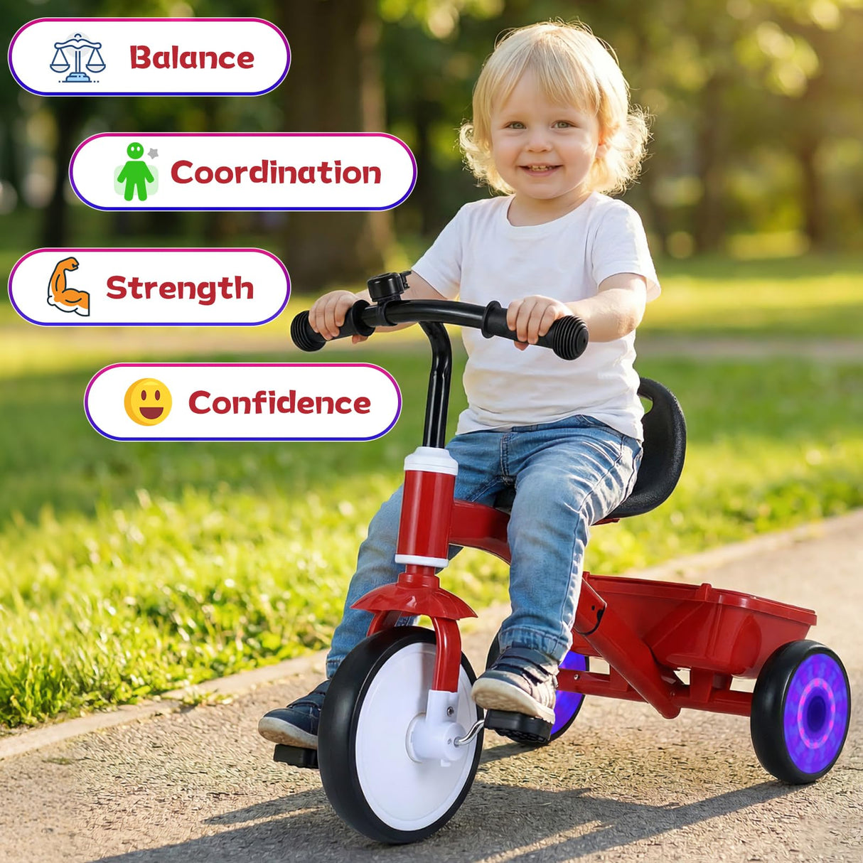 Toddler Bike with Glowing Rear Wheels and Adjustable Seat