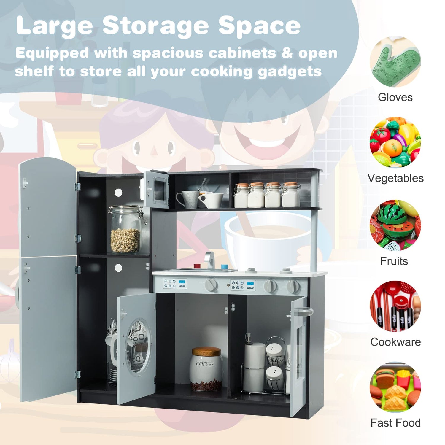 HONEY JOY Kids Kitchen Playset, Pretend Cooking Play Toy Set with Blackboard, Washing Machine