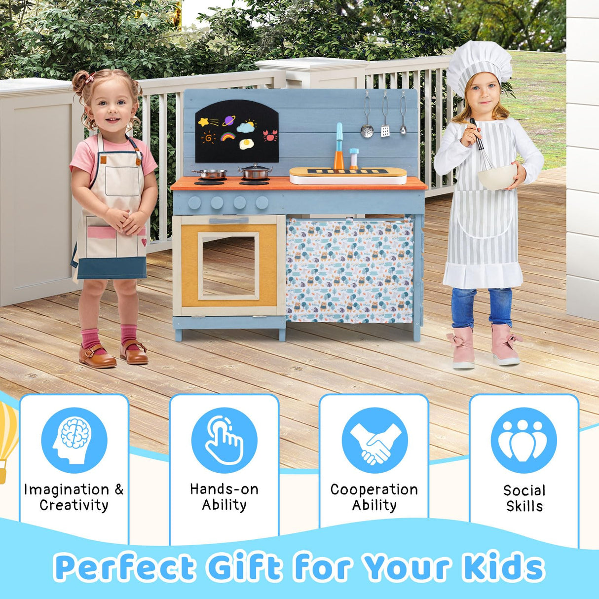 Outdoor Kids Play Kitchen Set, Wooden Kitchen Playset w/Stoves