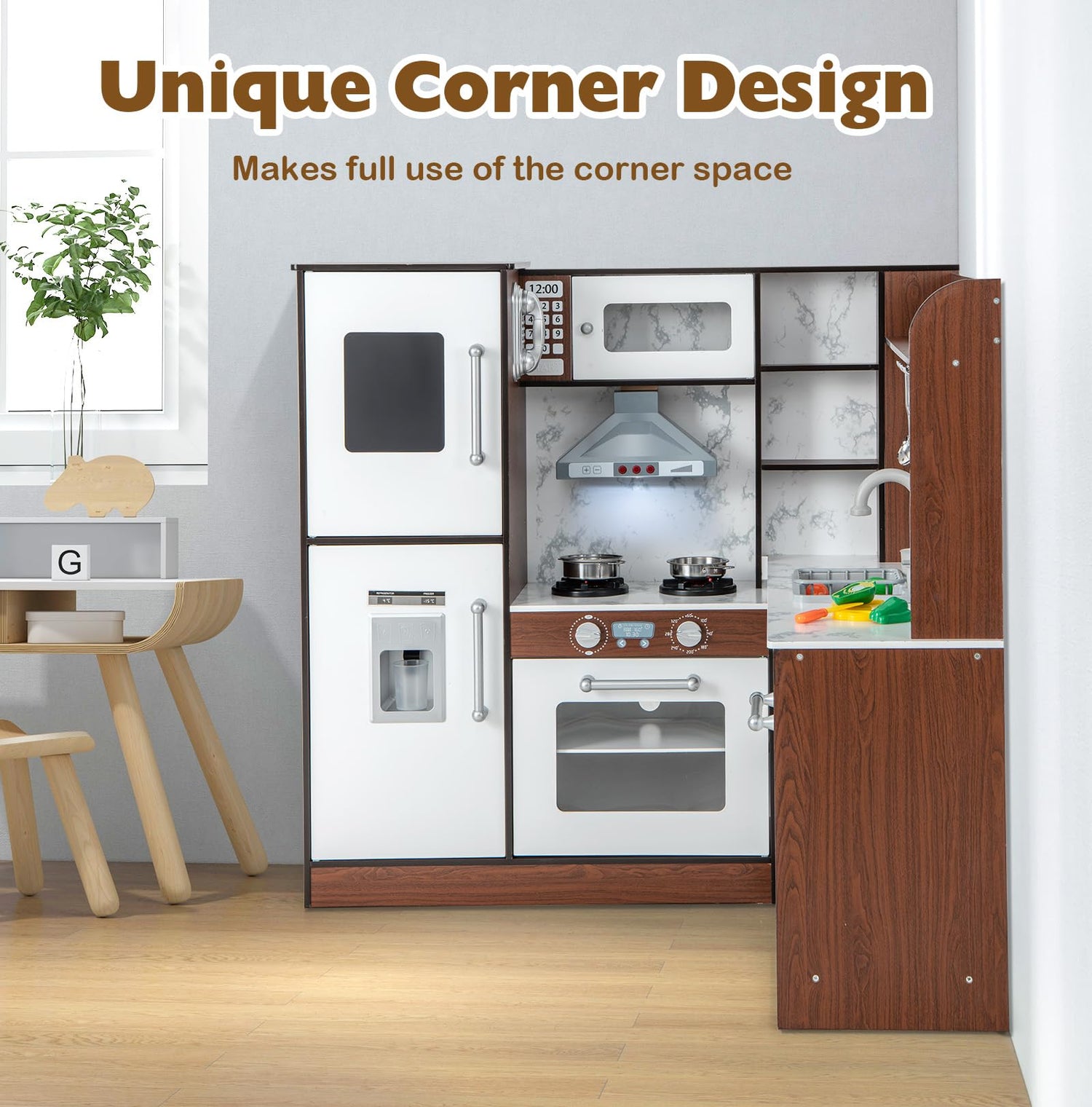 HONEY JOY Wooden Corner Play Kitchen, Toddler Kitchen Playset w/Lights & Sounds