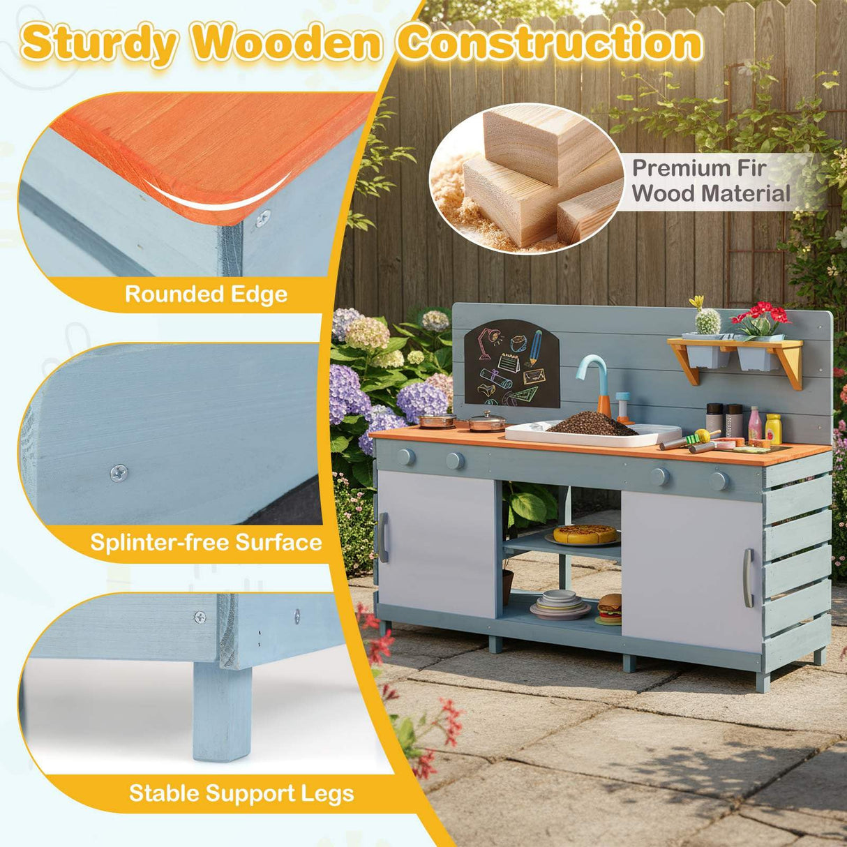 Children's play kitchen set with wooden construction features and premium fir wood material.