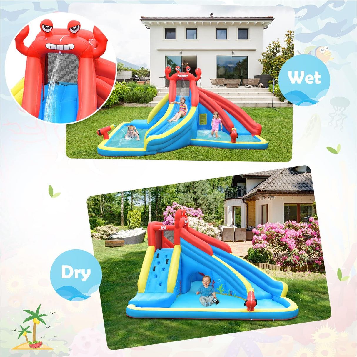 HONEY JOY Inflatable Water Slide, 7 in 1 Giant Water Park Double Long Slide w/Splash Pool, Tunnel Adventure