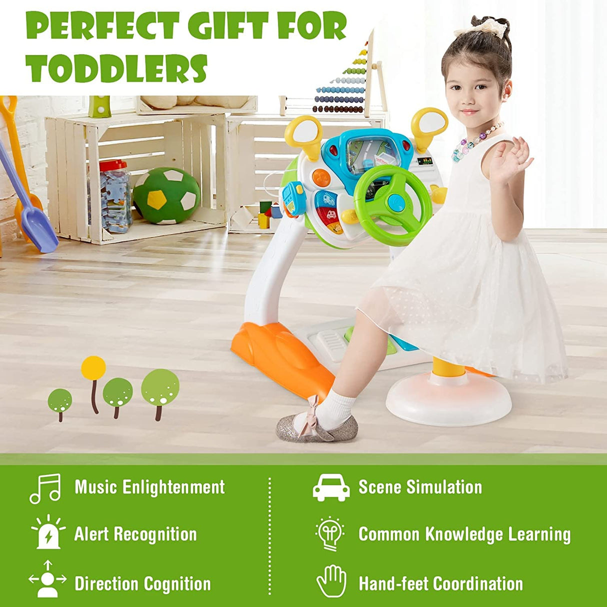 HONEY JOY Steering Wheel Toy, Pretend Play Driving Simulated Toy w/Light and Music, Cyclic Rotary Scene