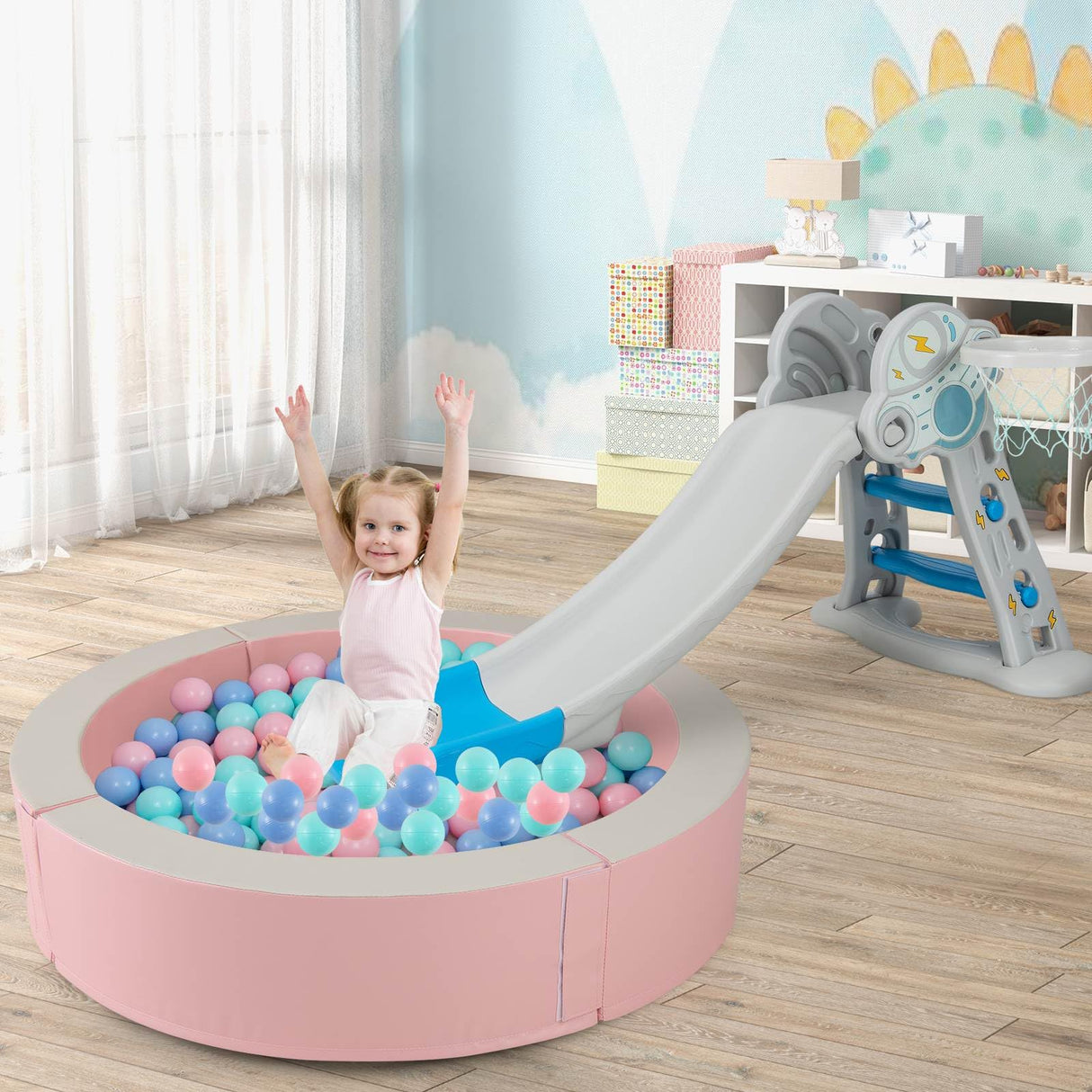 BABY JOY 113 x 26 cm Baby Ball Pit, Detachable Foam Ball Pit with 50 Colorful Ocean Balls