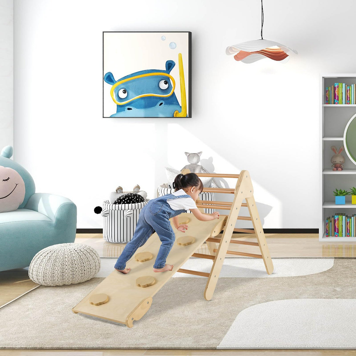 HONEY JOY Wooden Climbing Triangle Ladder for Kids, Children Montessori Triangle Climber with Adjustable Angle’s Ramp for Climb