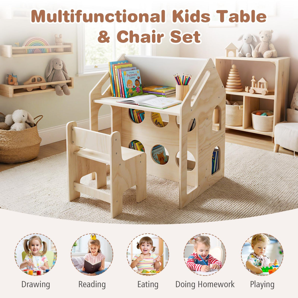 HONEY JOY House-Shaped Kids' Desk w/Chair, 3-in-1 Toddler Art Table Set