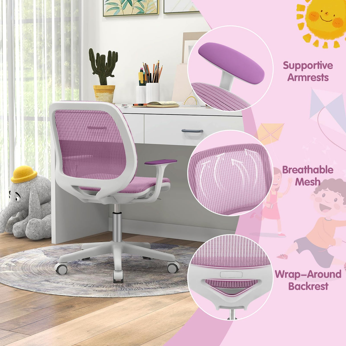 Ergonomic Children Study Computer Chair, Mesh Swivel Task Student Chair 6-15 Years for Home School Office