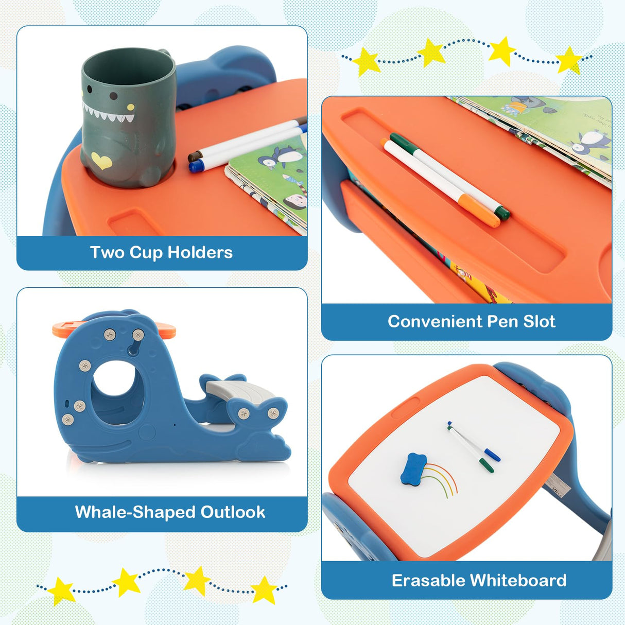 HONEY JOY Convertible Kids Activity Table Set, Multi-Functional Angle-Adjustable Toddler Easel w/Erasable Whiteboard, Whale Shape