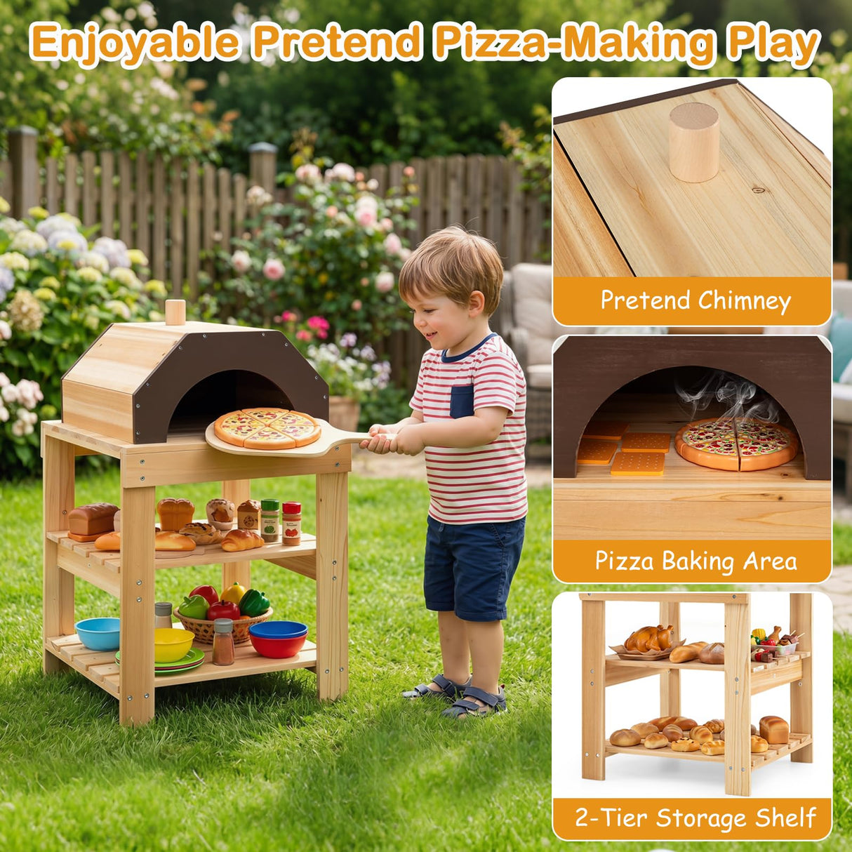 HONEY JOY 3-Piece Kids Playset for Outdoor w/Mud Kitchen, BBQ Grill, Pizza Oven