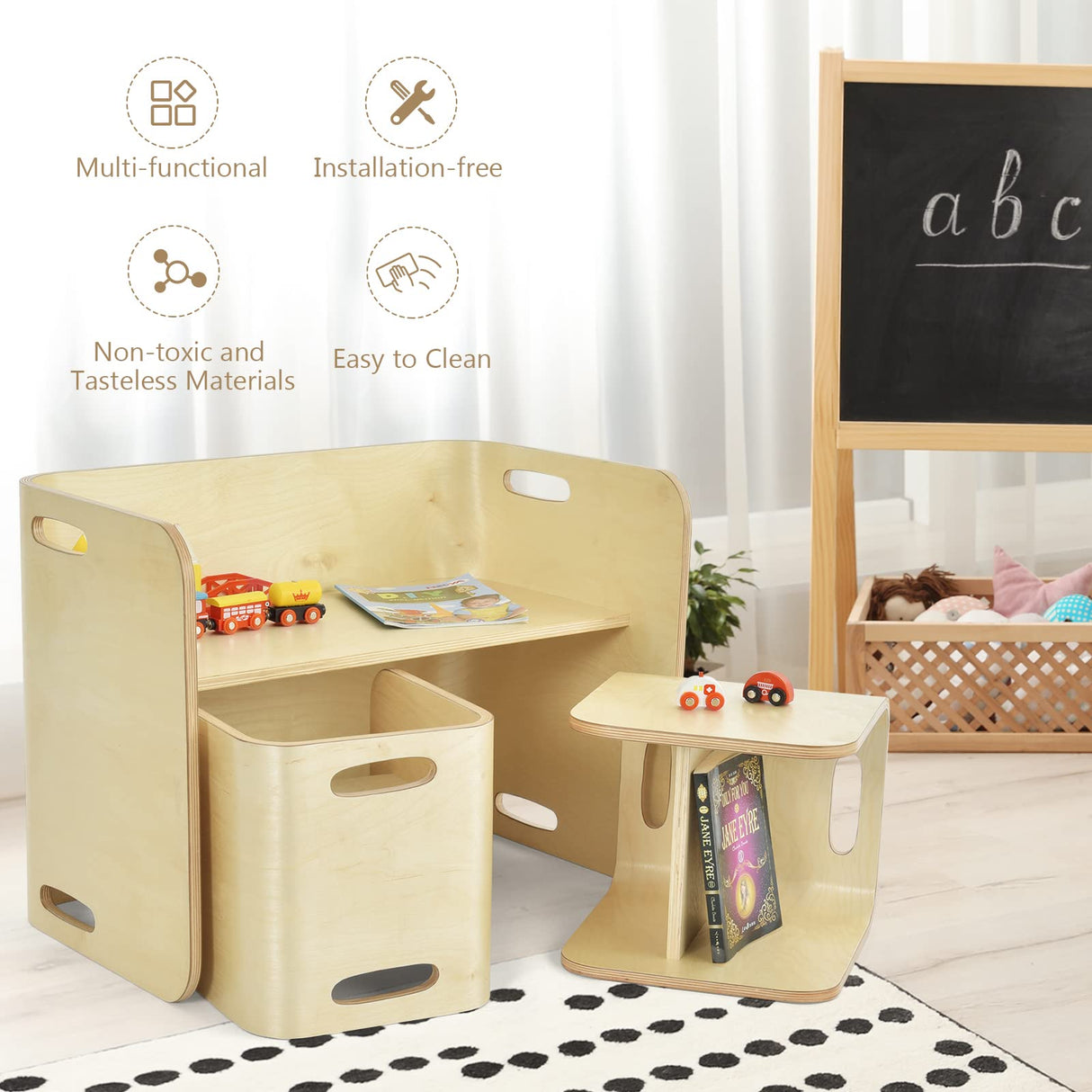 HONEY JOY Kids Table and Chair Set, 3 Pieces Wooden Activity Table Bench w/Storage Shelves