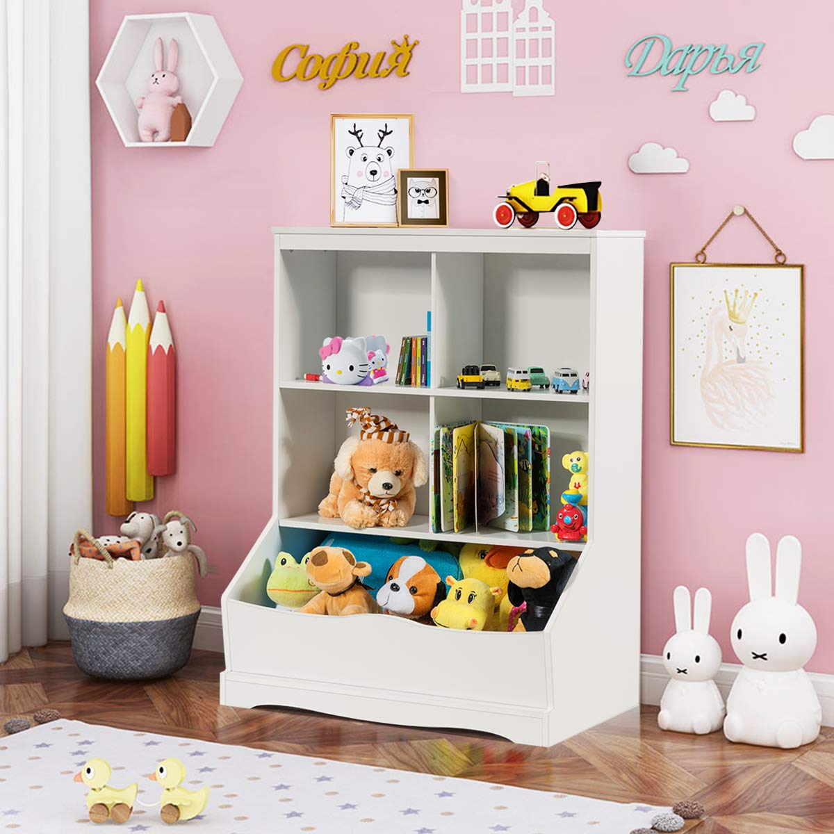 HONEY JOY Kids Bookshelf, 3-Tier Toy Storage Organiser for Children w/4 Open Compartments and 1 Box