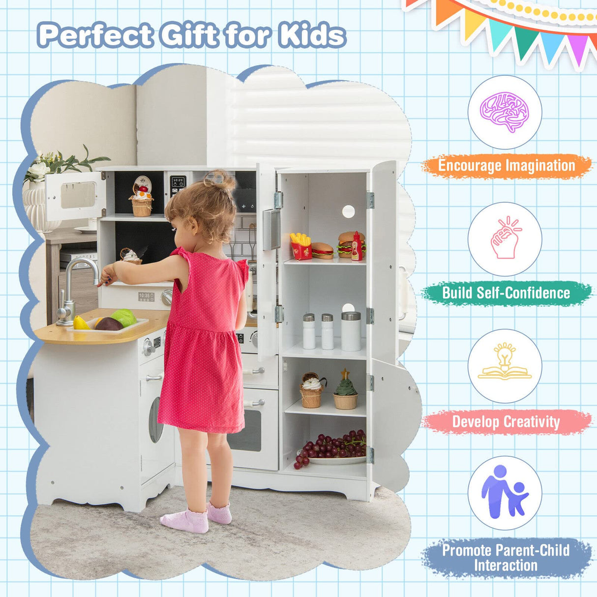 HONEY JOY Kids Corner Kitchen Playset, Wooden Pretend Playset w/Realistic Washing Machine, Microwave Oven