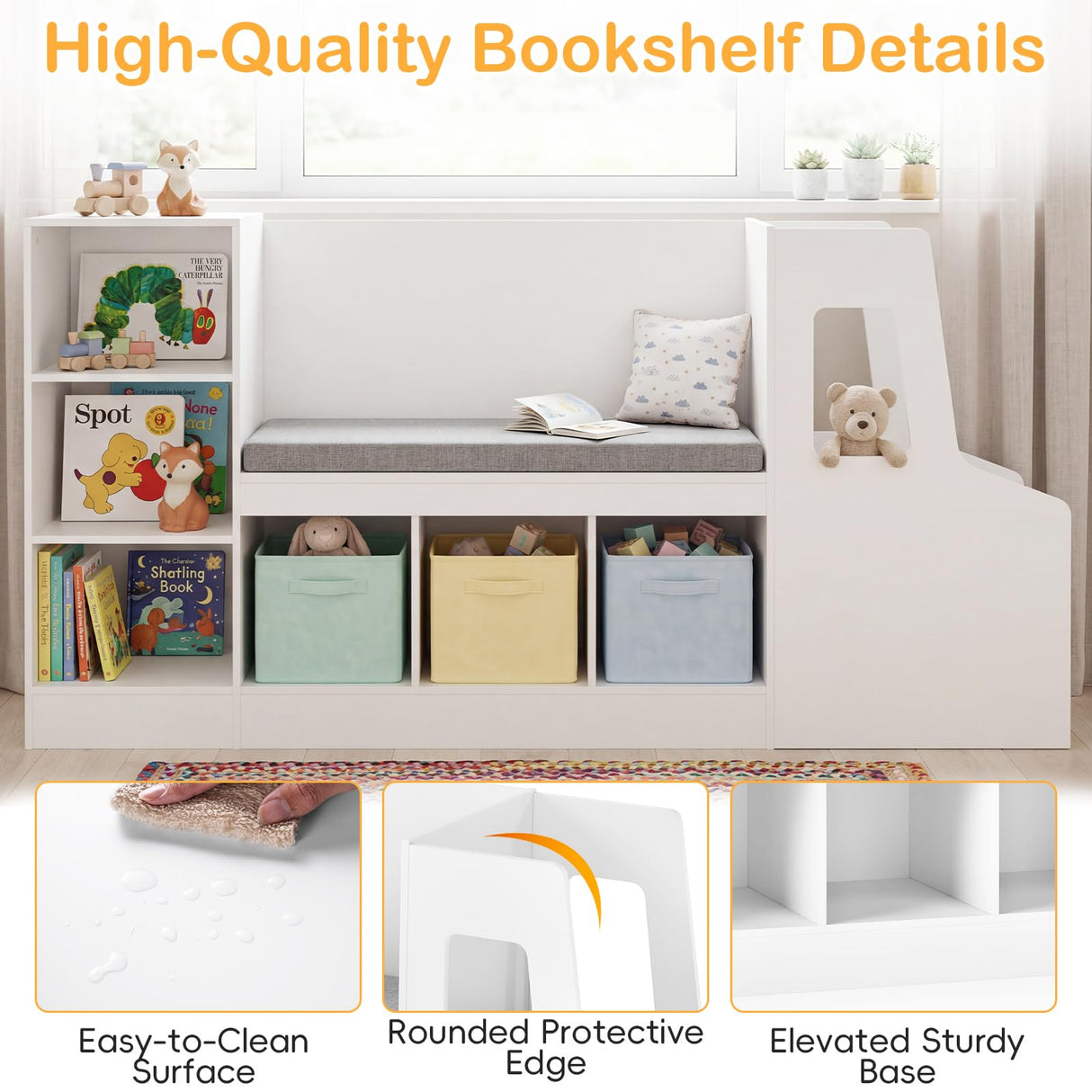 HONEY JOY Car-Shaped Kids Bookshelf with Reading Nook, Kids Bookcase