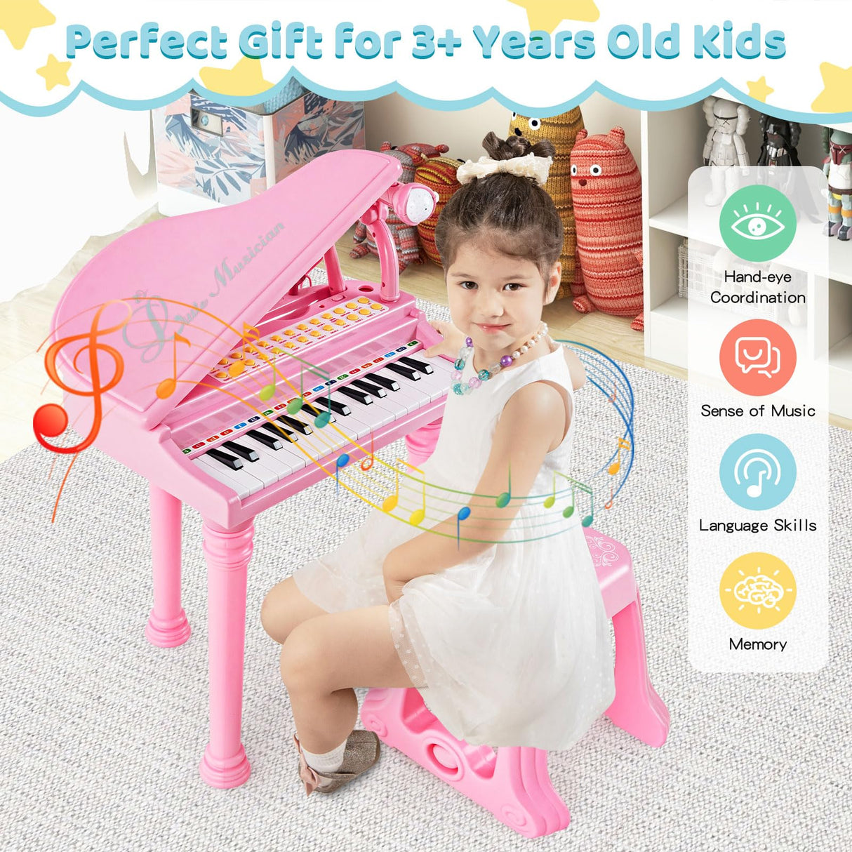 HONEY JOY 31 Keys Kids Piano Keyboard with Stool, Multifunctional Toy Piano with Microphone, Piano Lid (Pink)