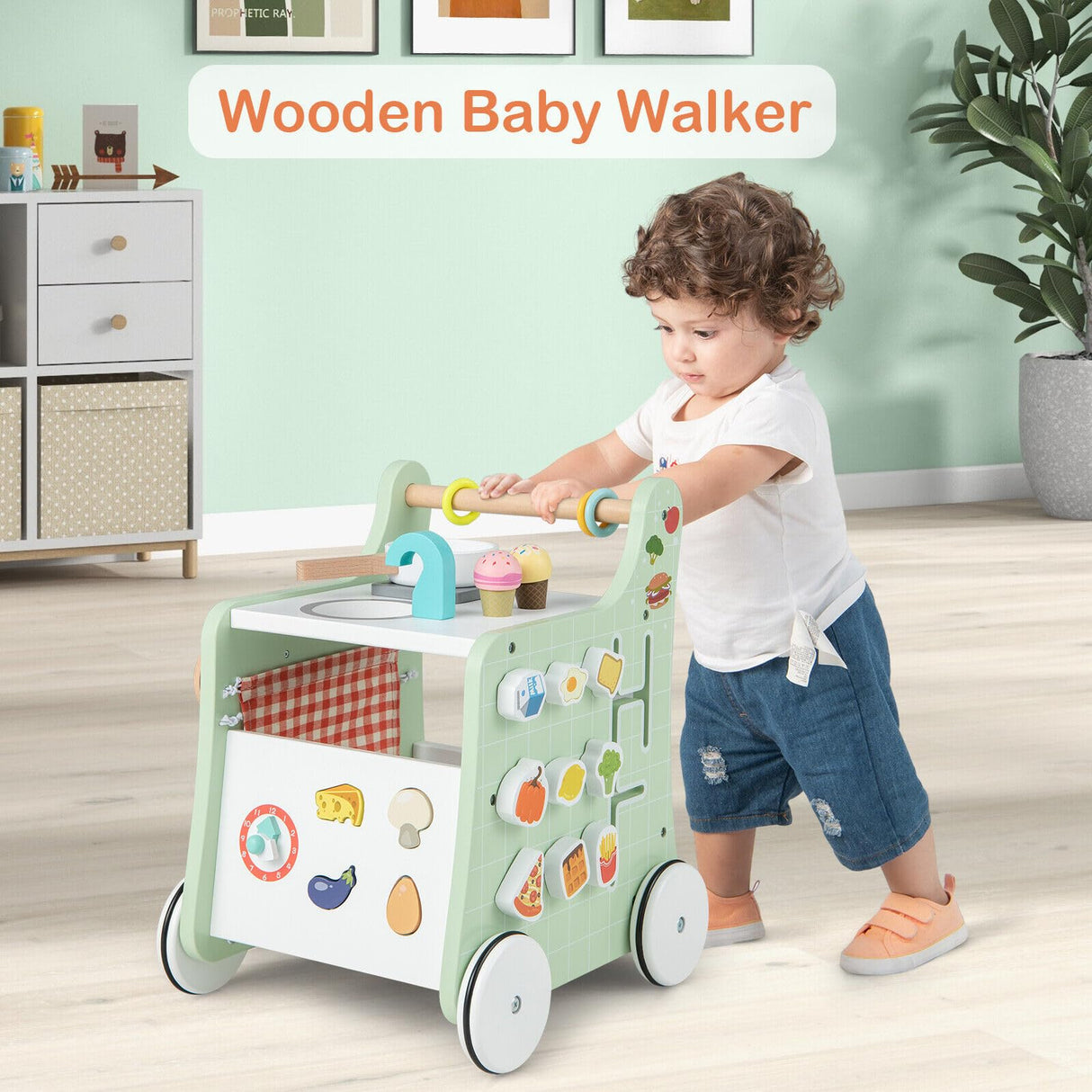 BABY JOY 6-in-1 Wooden Baby Walker, Toddler Push and Pull Learning Activity Center
