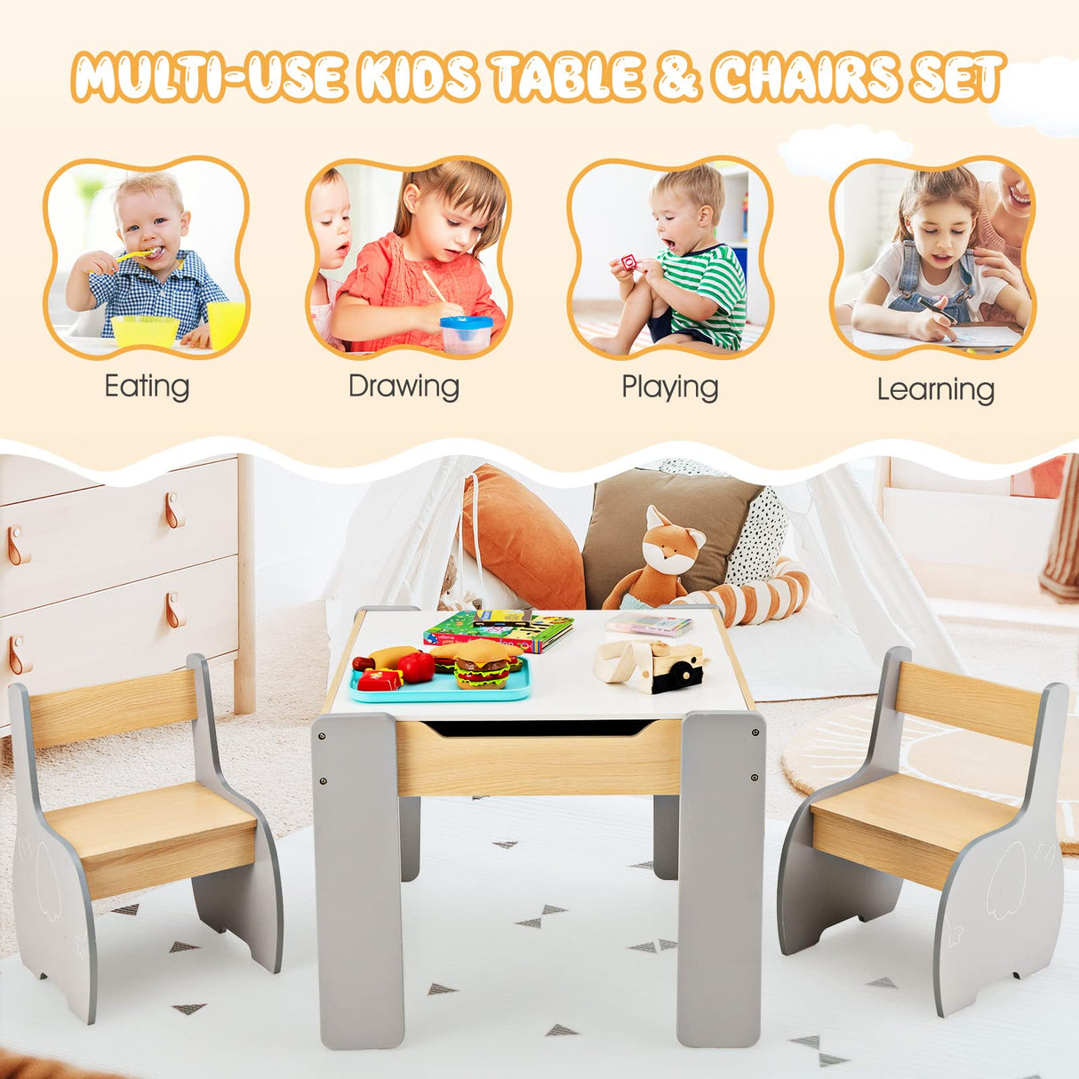 HONEY JOY Kids Table and Chair Set, 3-in-1 Wooden Activity Table and 2 Chairs for Drawing, Studying