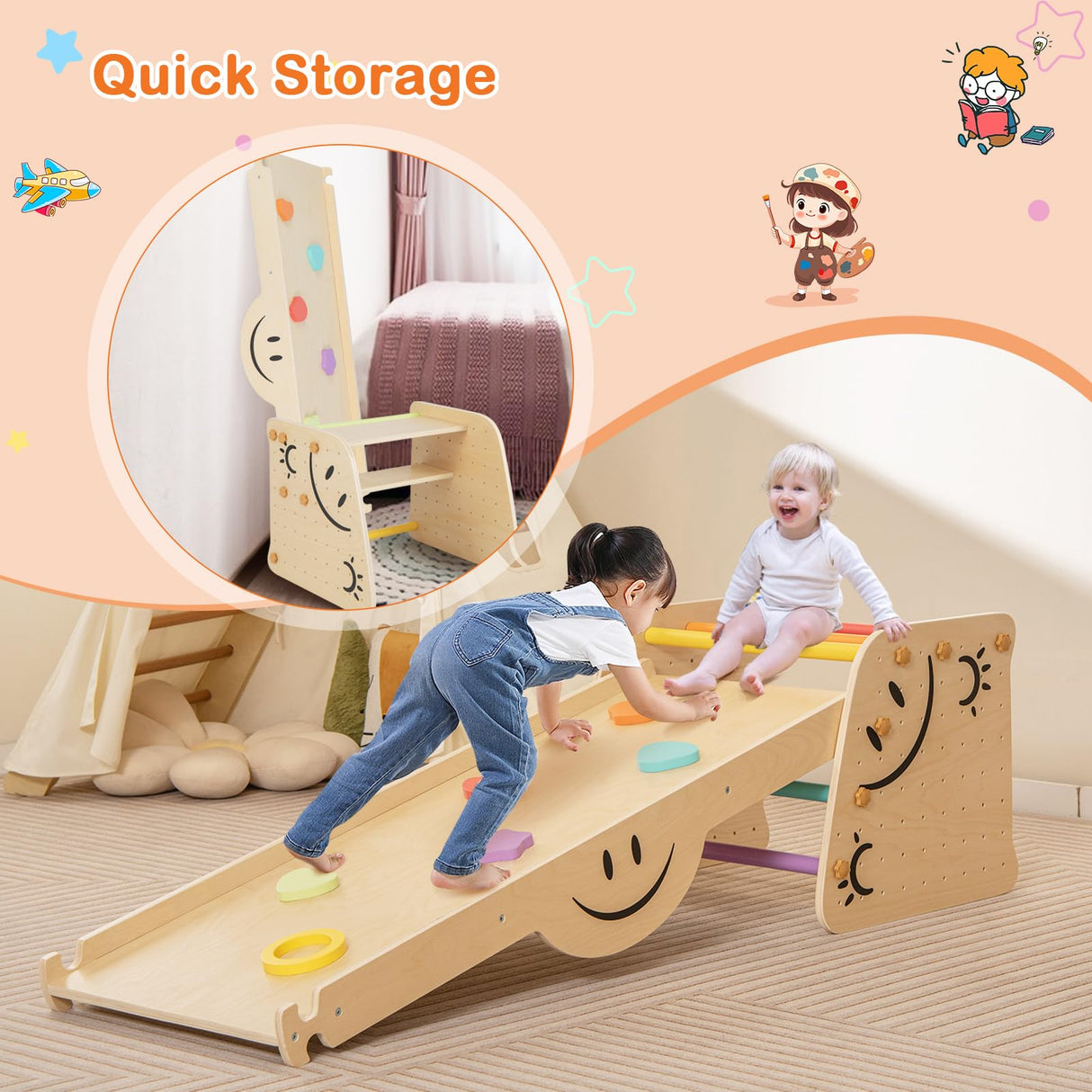 HONEY JOY Kids Wooden Climbing Toy, Triangle Climber Jungle Gym Set w/Seesaw, Dual-Sided Ramp