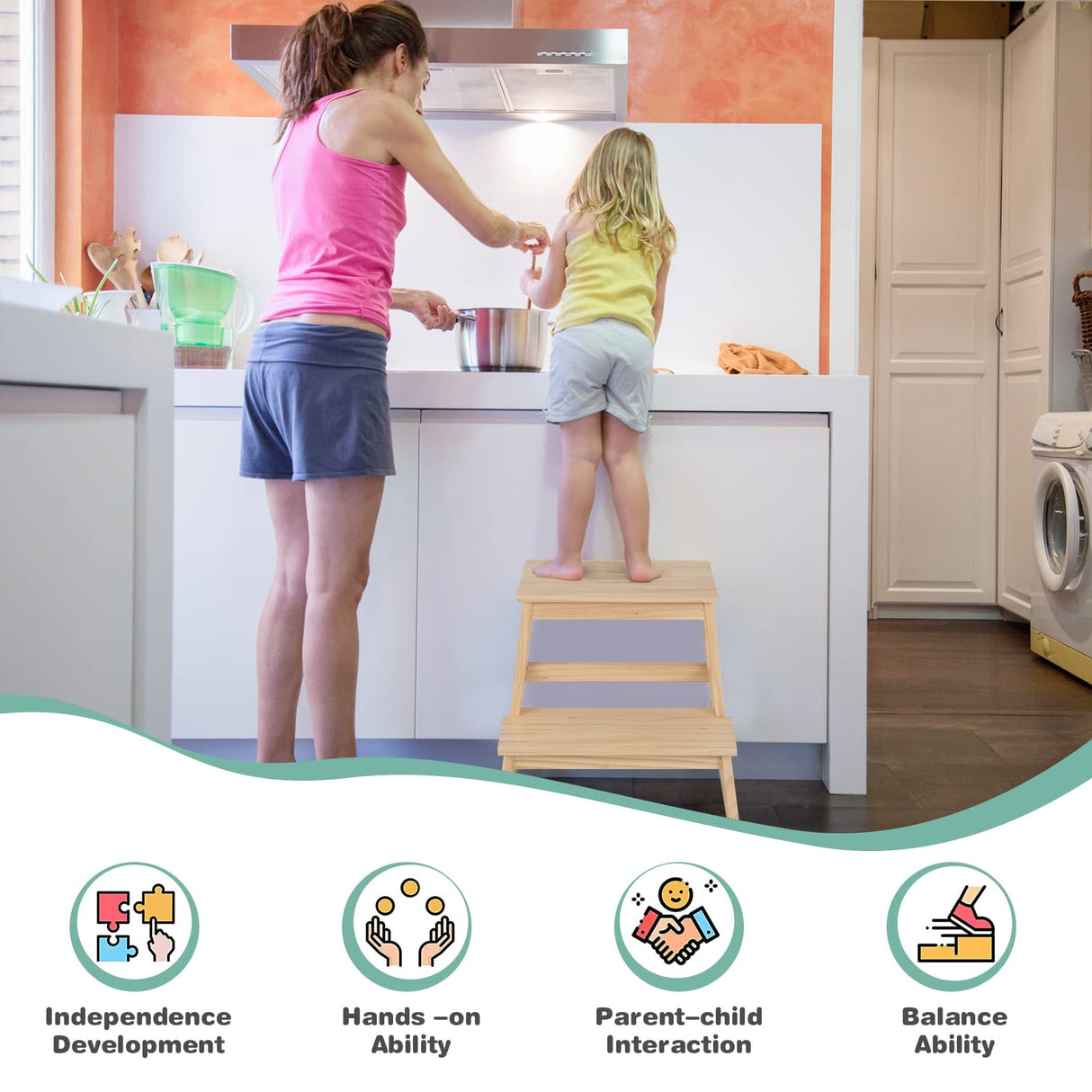 BABY JOY Kids Kitchen Step Stool with Safety Rail, 2 in 1 Solid Wood Montessori Learning Stool