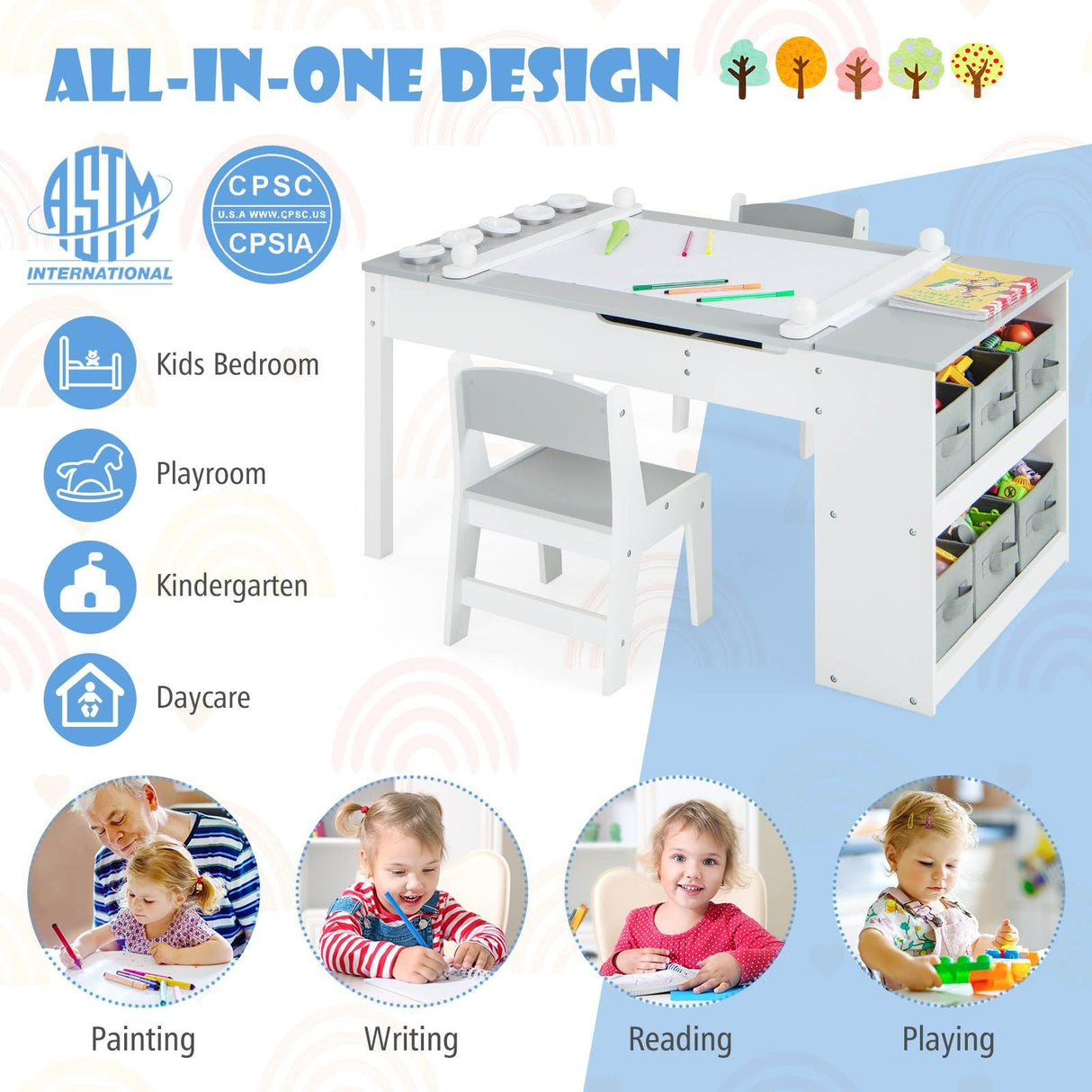 HONEY JOY Kids Table and Chairs Set, 2 in 1 Wooden Art Table & Easel Set for Children with 2 Chairs, 6 Storage Bins