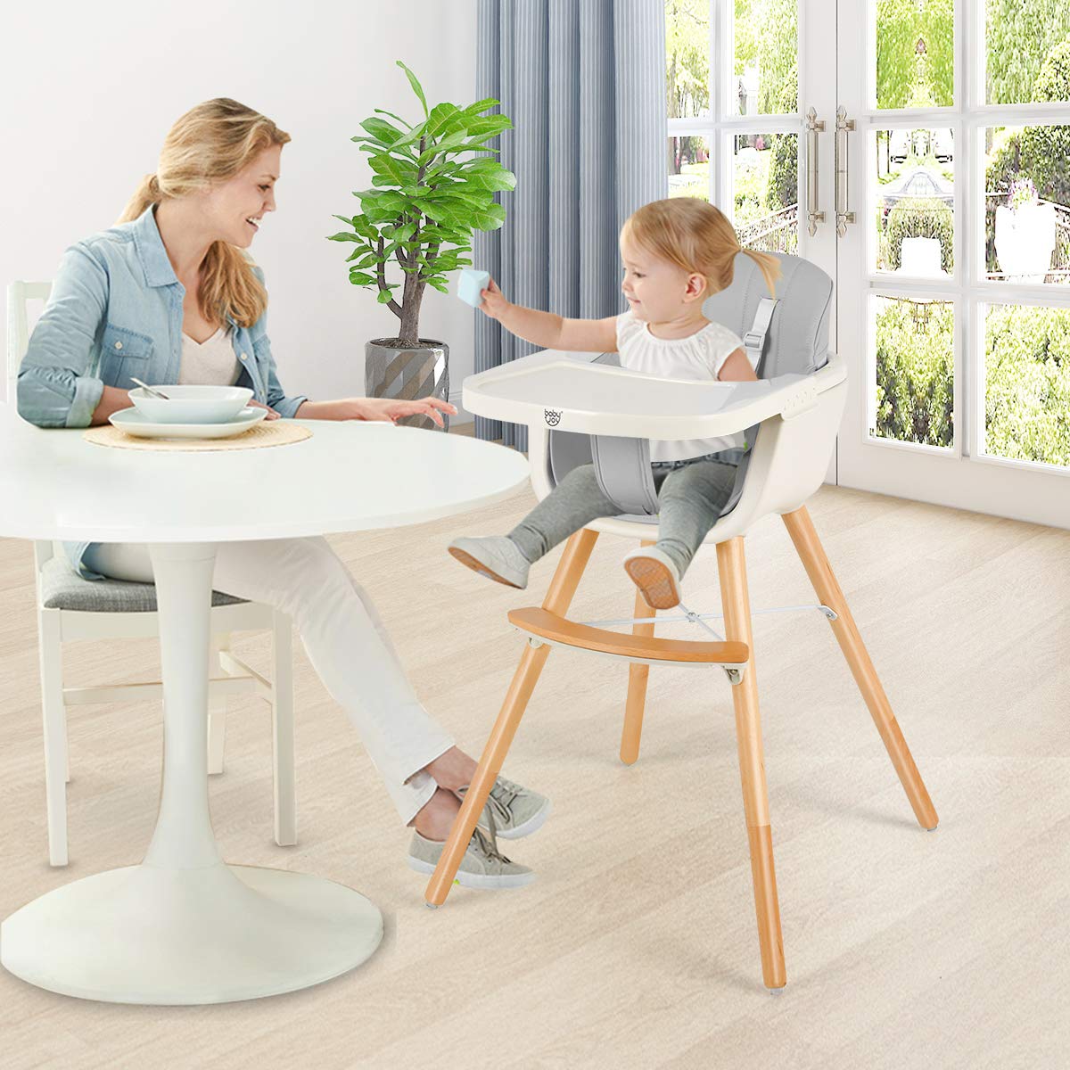 BABY JOY Convertible Baby High Chair, 3-in-1 Wooden High Chair/Booster/Chair with Removable Tray