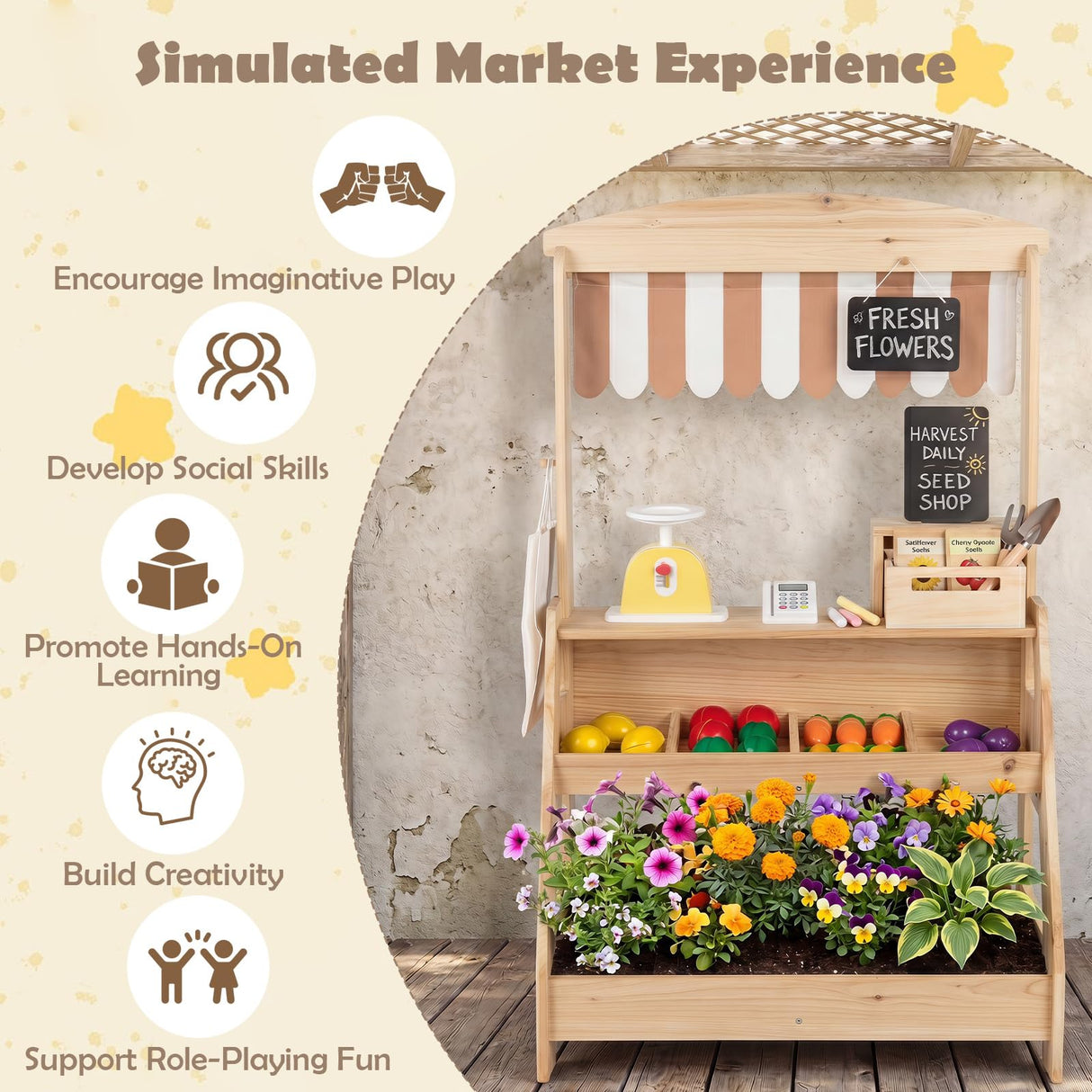 HONEY JOY Wooden Mud Kitchen & Market Stand for Kids Outdoor