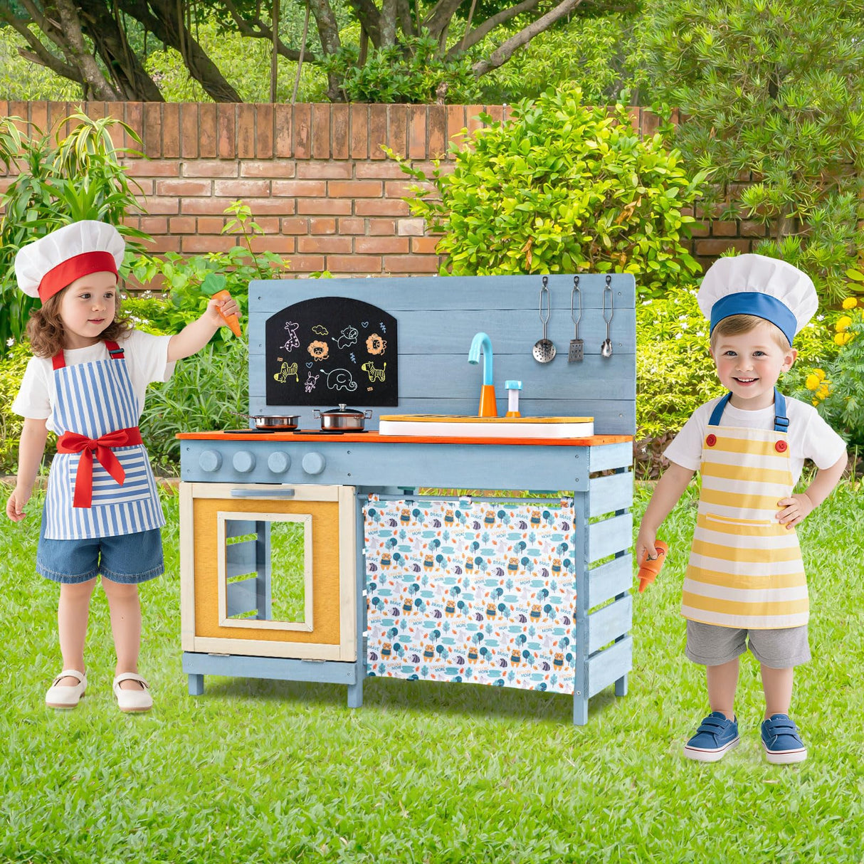 Outdoor Kids Play Kitchen Set, Wooden Kitchen Playset w/Stoves