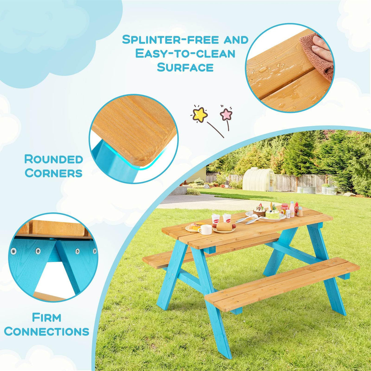 HONEY JOY Kids Wooden Picnic Table Set, Outdoor Children Table with Bench Seats