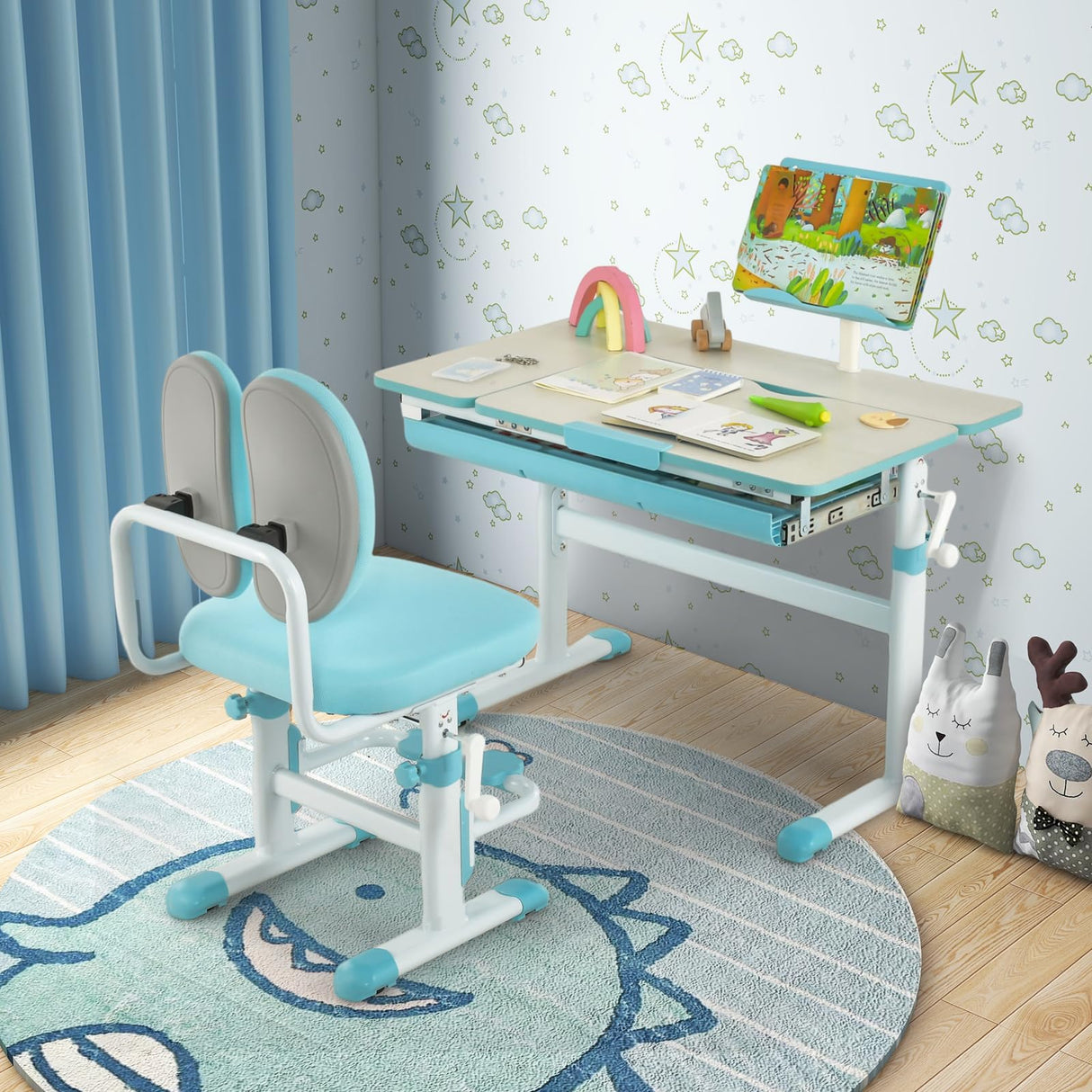 HONEY JOY Height-Adjustable Kids Desk w/Tilt Desktop & Book Stand, Storage Drawer & Scale Ruler