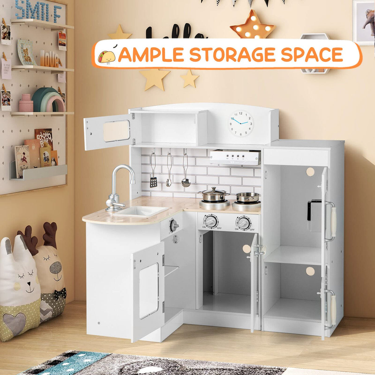 HONEY JOY Kids Corner Kitchen Playset, Wooden Play Kitchen Toy Set w/Realistic Microwave, Oven