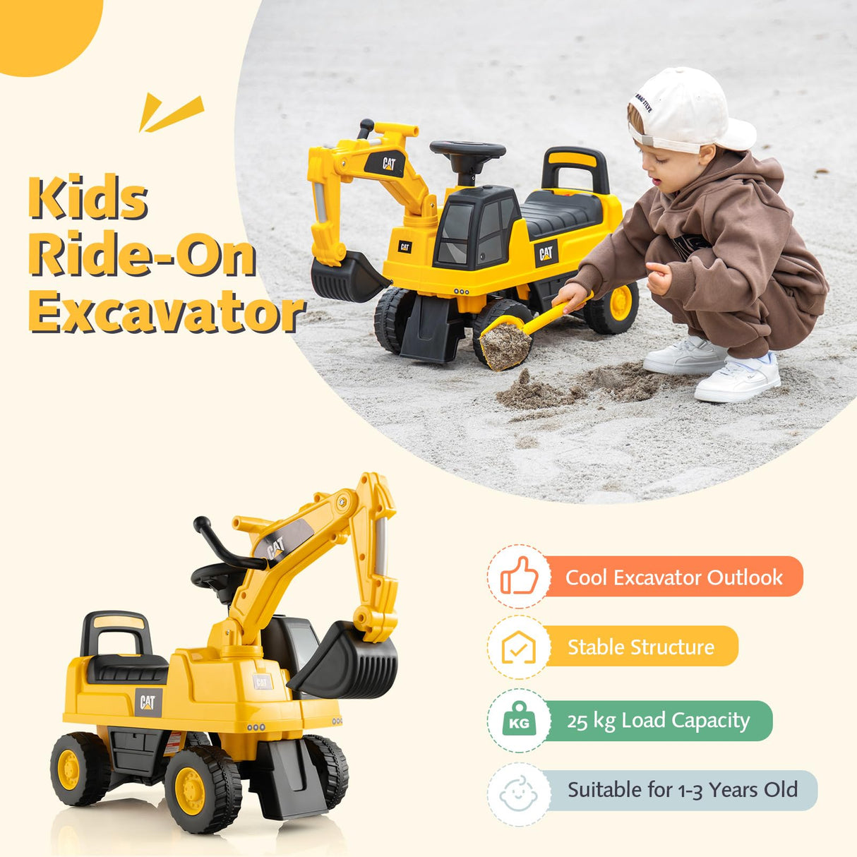 HONEY JOY Kid's Rid-On Digger, Functional Excavator Toy