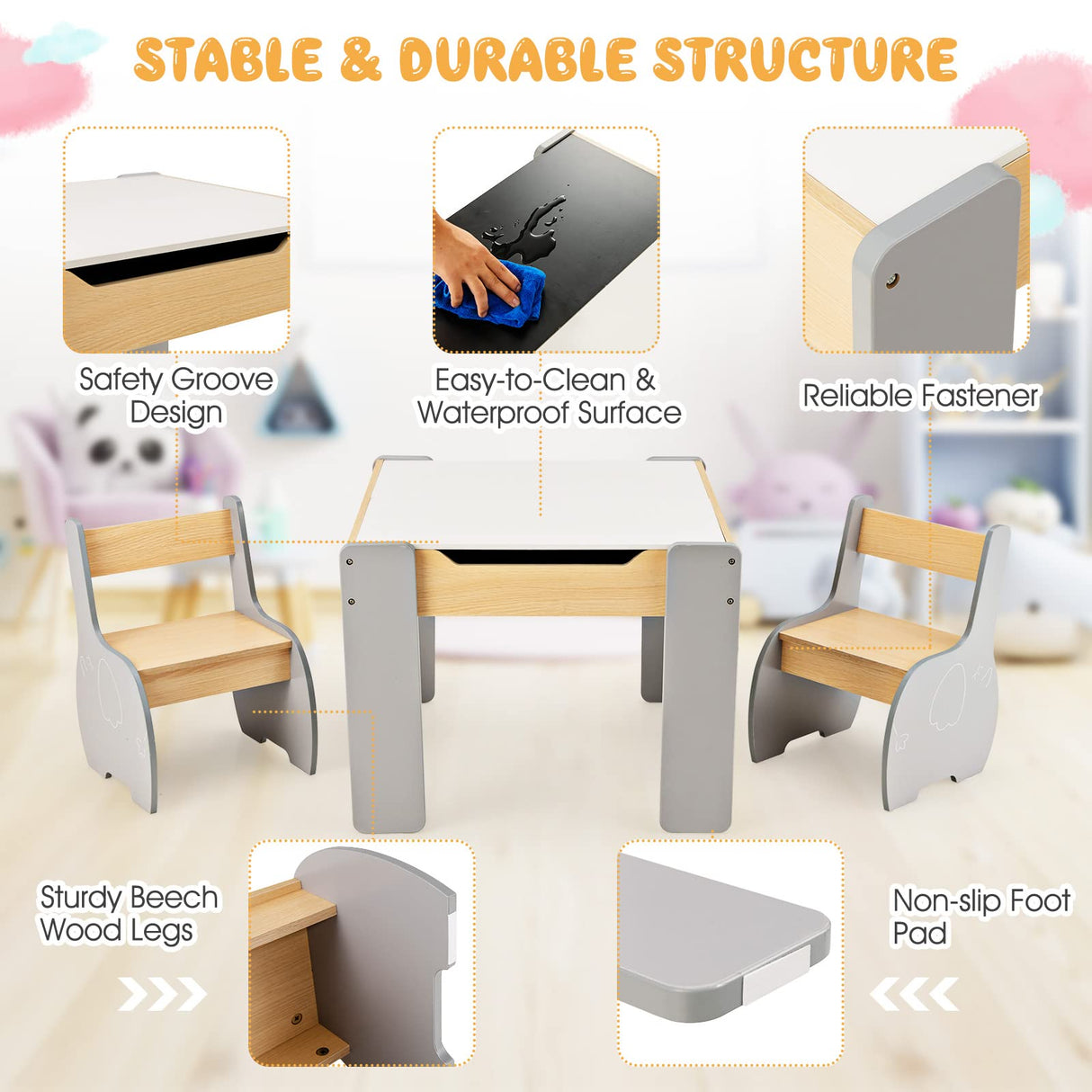 HONEY JOY Kids Table and Chair Set, 3-in-1 Wooden Activity Table and 2 Chairs for Drawing, Studying