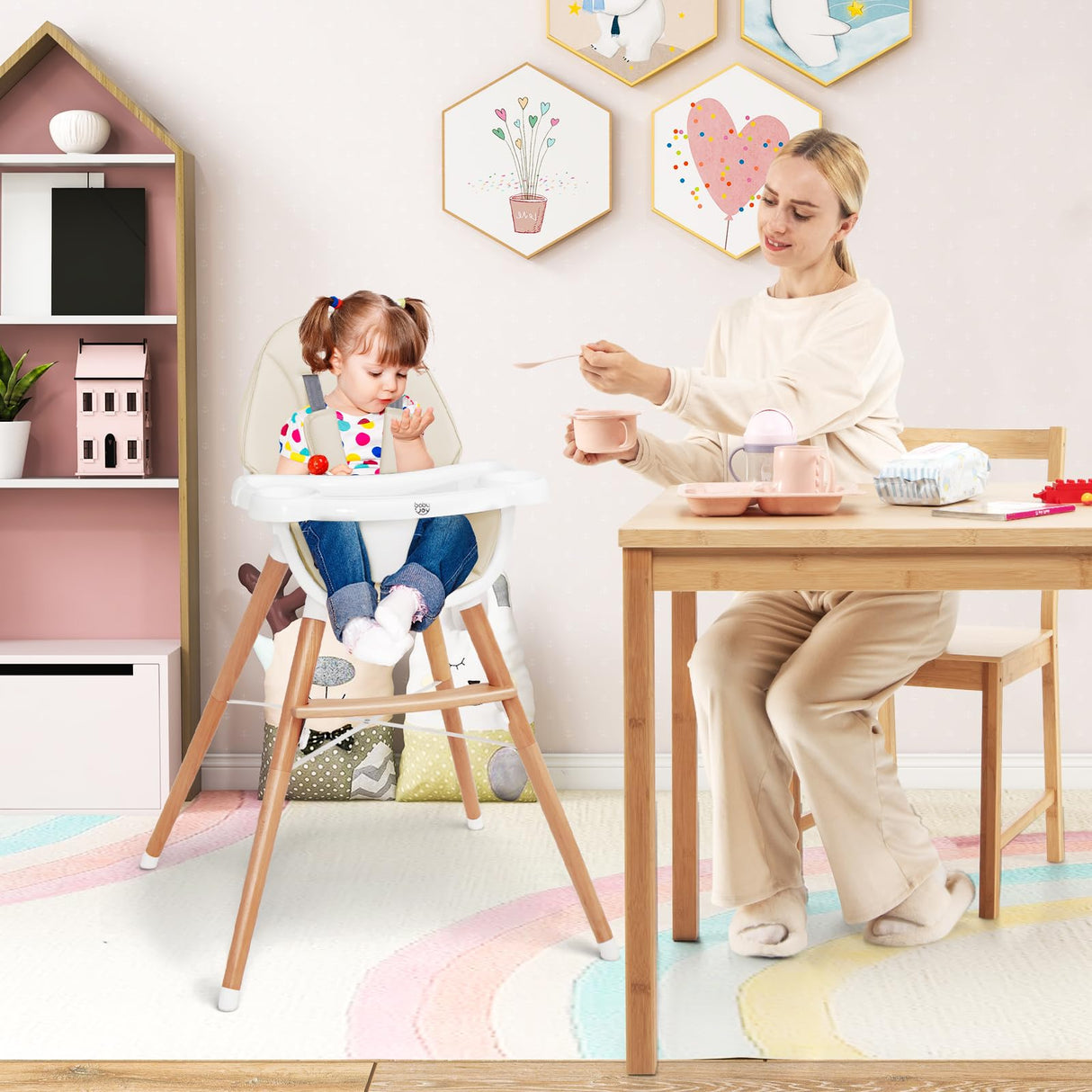 BABY JOY Baby High Chair, Wooden Highchair for Babies Infants w/Double 4-Gear Tray