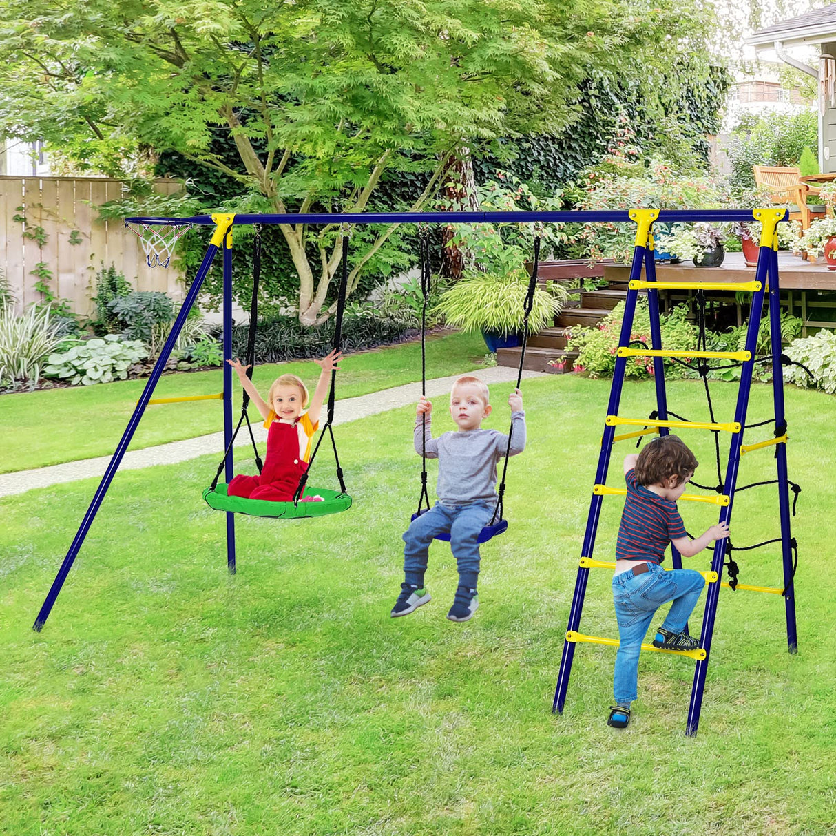 HONEY JOY 5-in-1 Metal Climb and Swing Set with 2 Tree Swings, Climbing Ladder