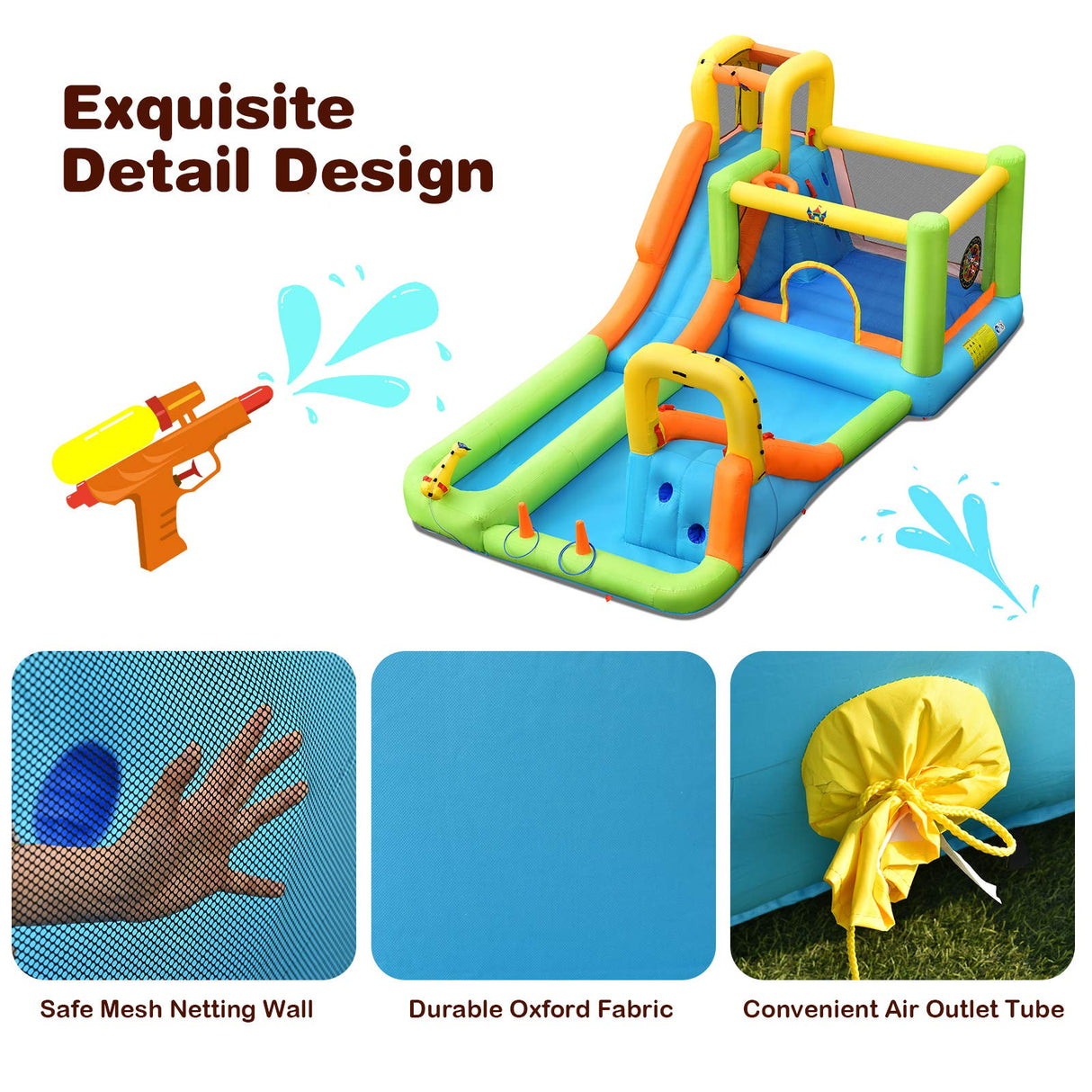 HONEY JOY 8 in 1 Inflatable Water Slide, Water Park w/Double Slides, Basketball Hoop, Water Gun