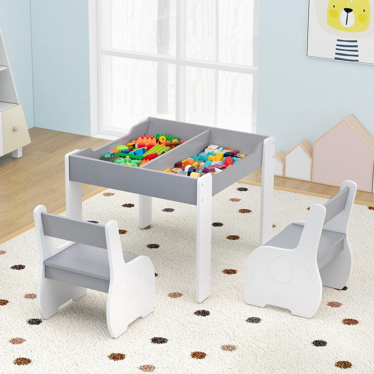 HONEY JOY Kids Table and Chair Set, 3-in-1 Wooden Activity Table and 2 Chairs for Drawing, Studying