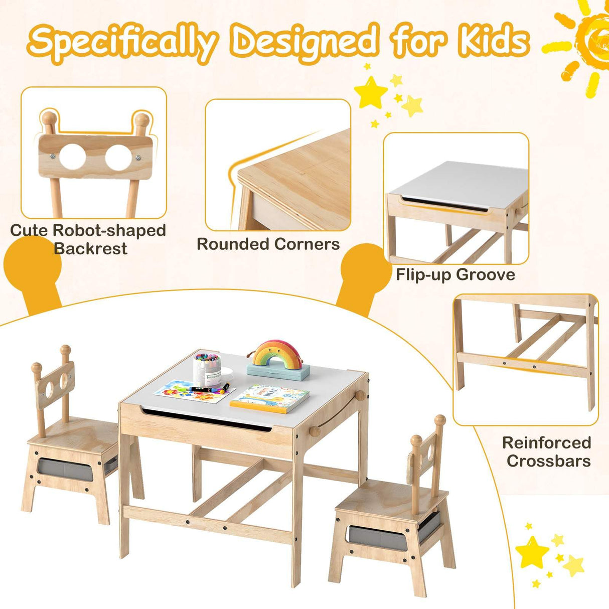 4-in-1 Kids Table and Chairs Set with Reversible Whiteboard for Arts Robot Style