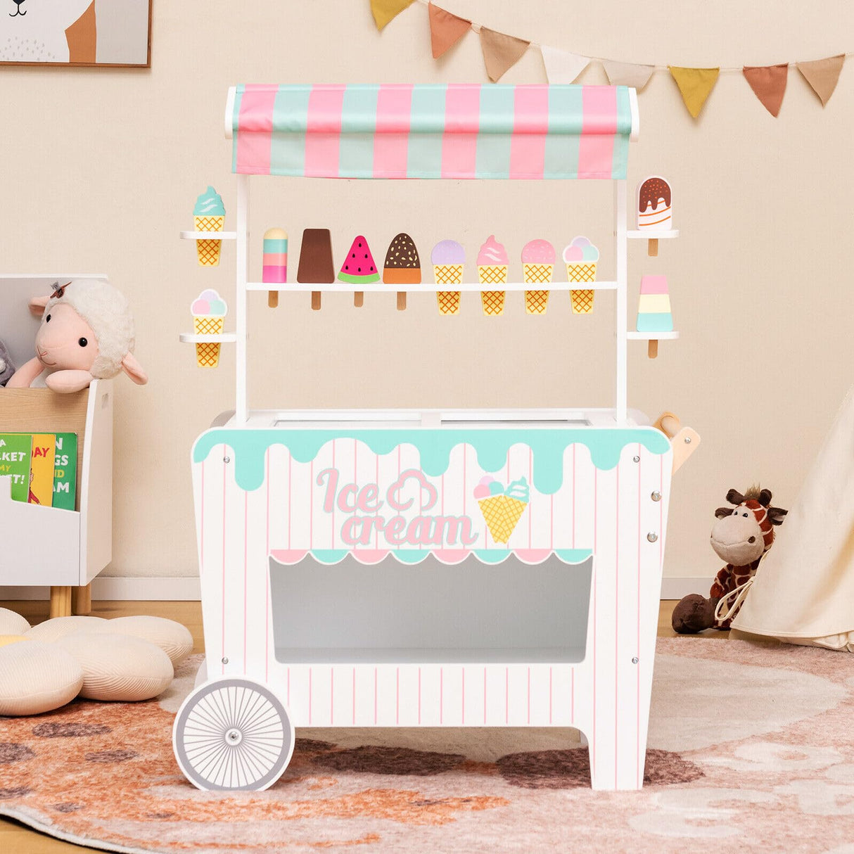 HONEY JOY Wooden Ice Cream Cart for Kids