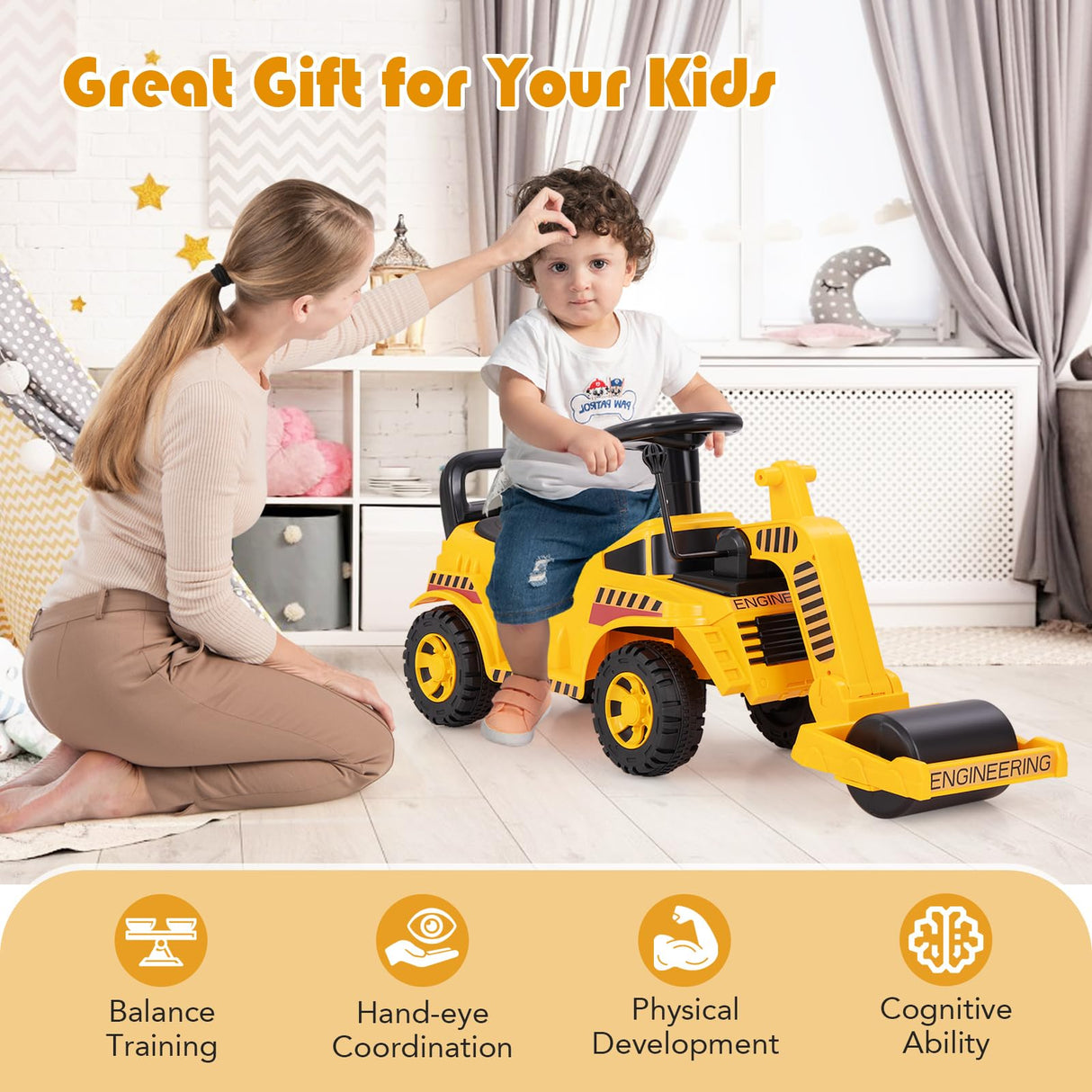 Honey Joy Ride On Road Roller, Toddler Ride On Car with Adjustable Roller