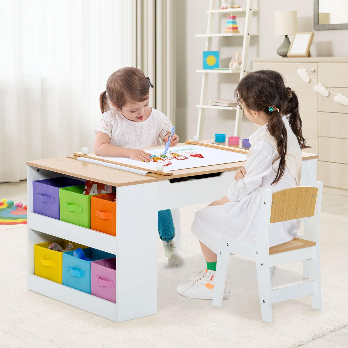 HONEY JOY Kids Table and Chairs Set, 2 in 1 Wooden Art Table & Easel Set for Children with 2 Chairs, 6 Storage Bins