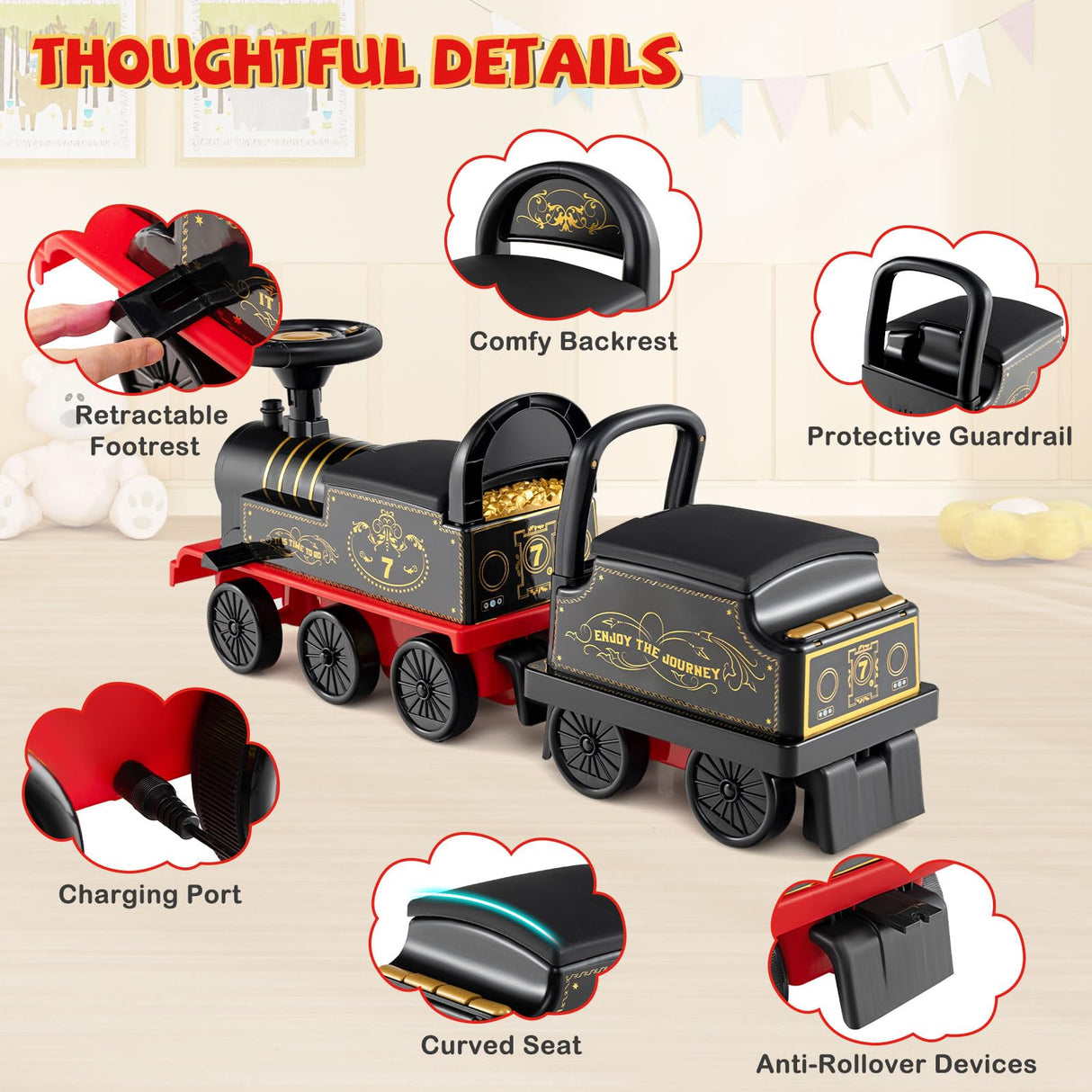 Ride on Train with Carriage, 6V 2-Seater Battery Powered Ride on Toy with Under-Seat Storage