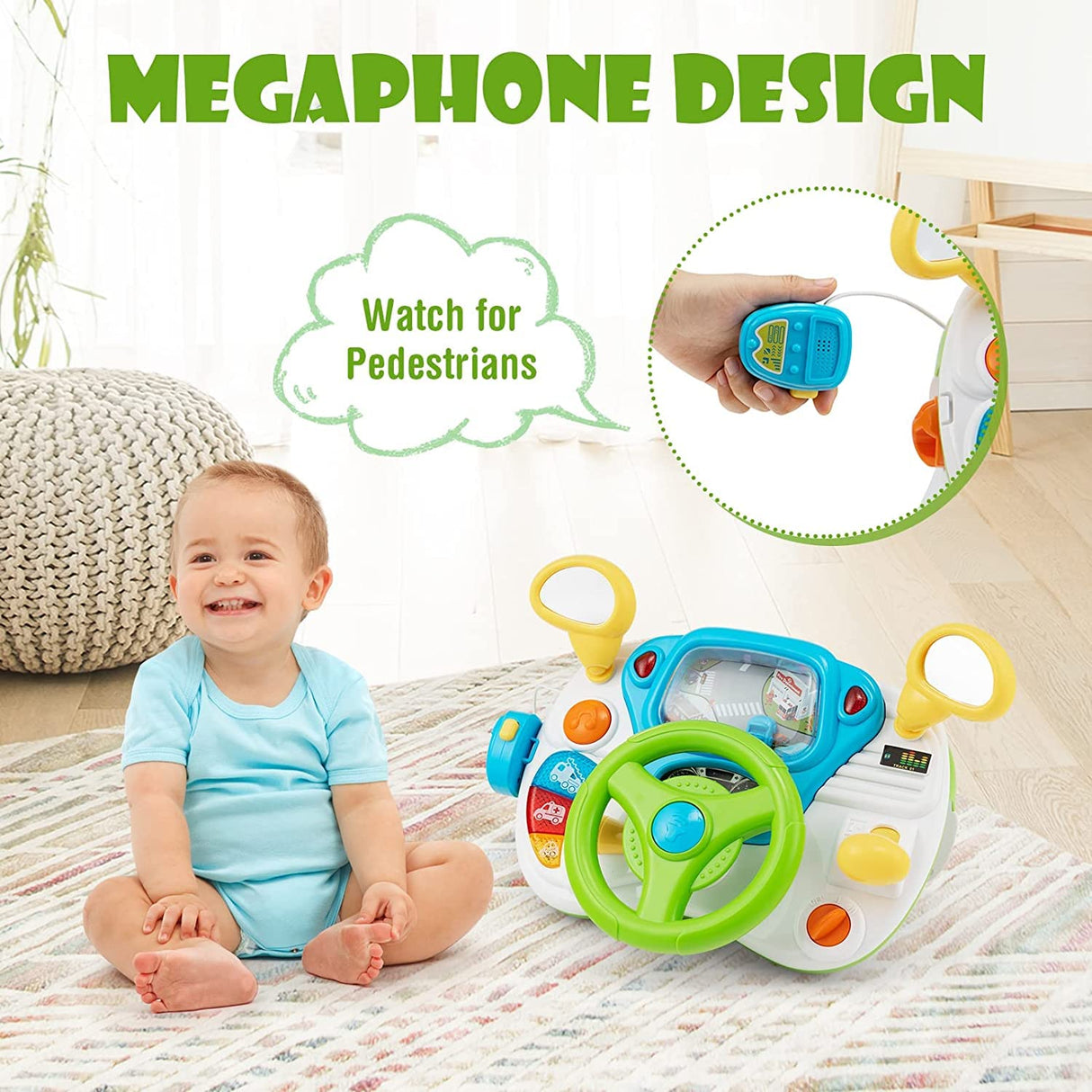 HONEY JOY Steering Wheel Toy, Pretend Play Driving Simulated Toy w/Light and Music, Cyclic Rotary Scene