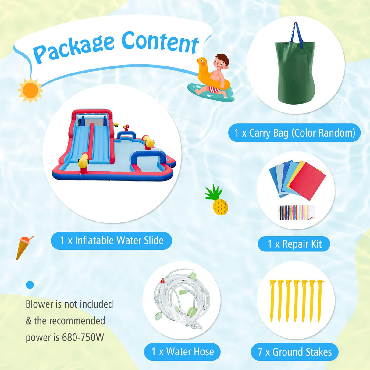 HONEY JOY Water Slide Park, 5-in-1 Inflatable Jumping House w/Dual Slides, Climbing Wall, Splash Pool, Basketball Rim, Water Cannons